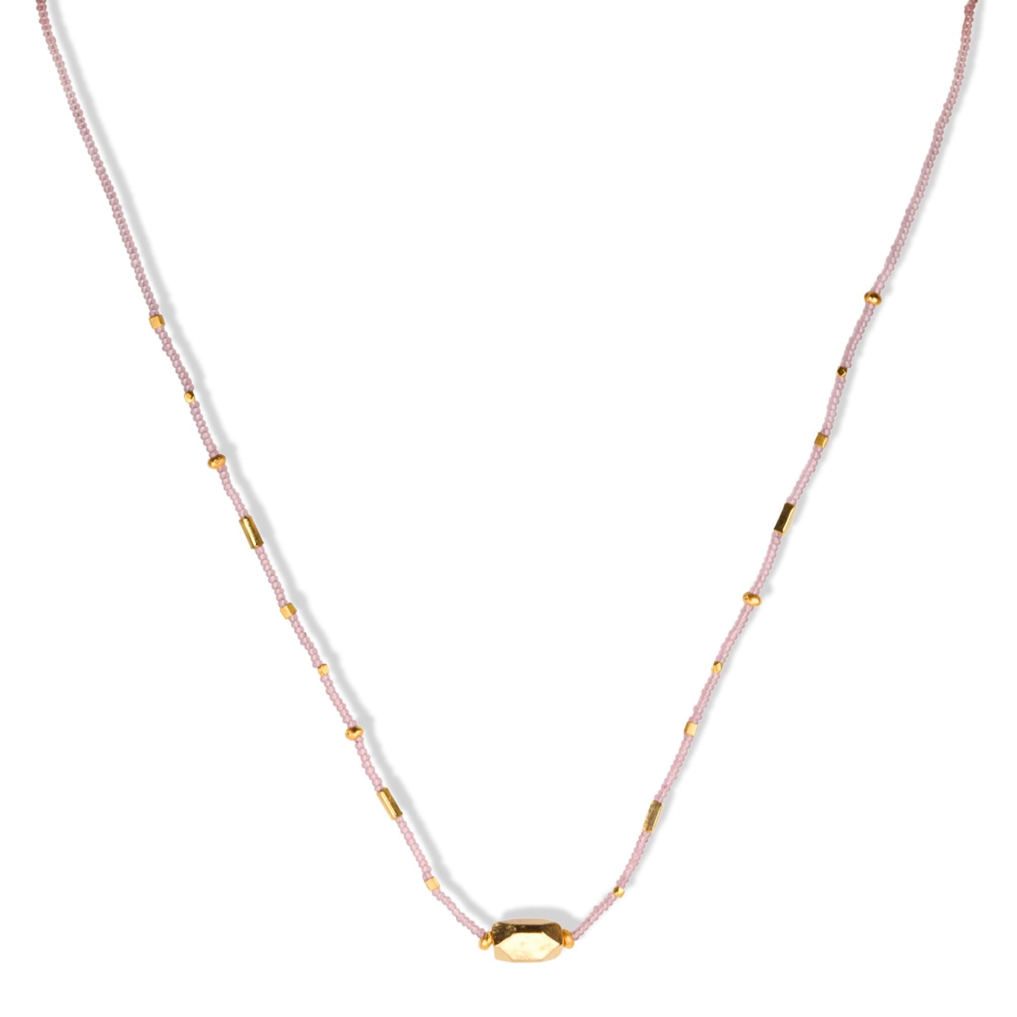 Pink Seed &amp; Multi - Shape Gold Vermeil Beaded Necklace with Large Center Geometric Gold Vermeil Bead - Peridot Fine Jewelry - Debbie Fisher