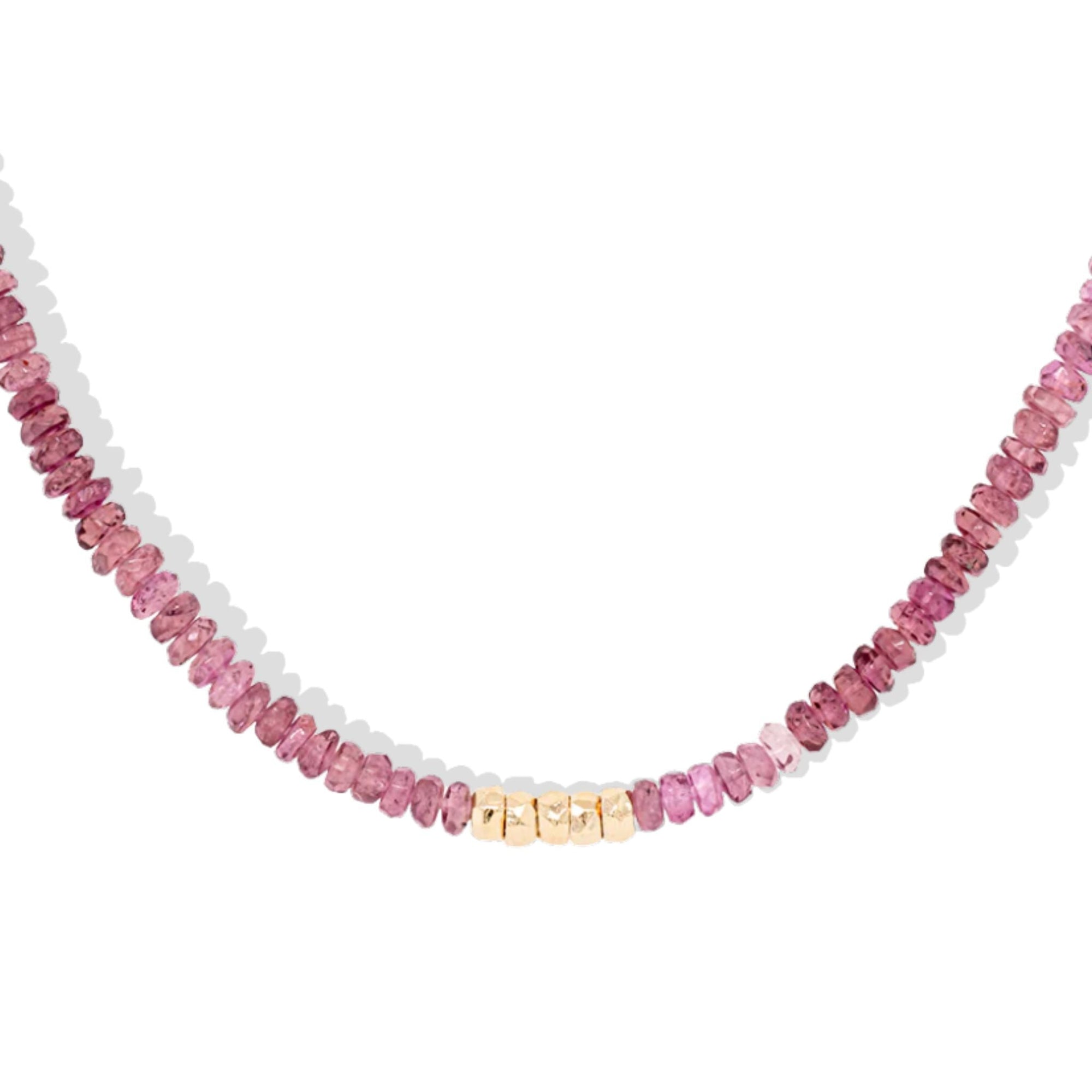 Pink Tourmaline Beaded Necklace with Five Hammered 18K Beads - Peridot Fine Jewelry - Anne Sportun