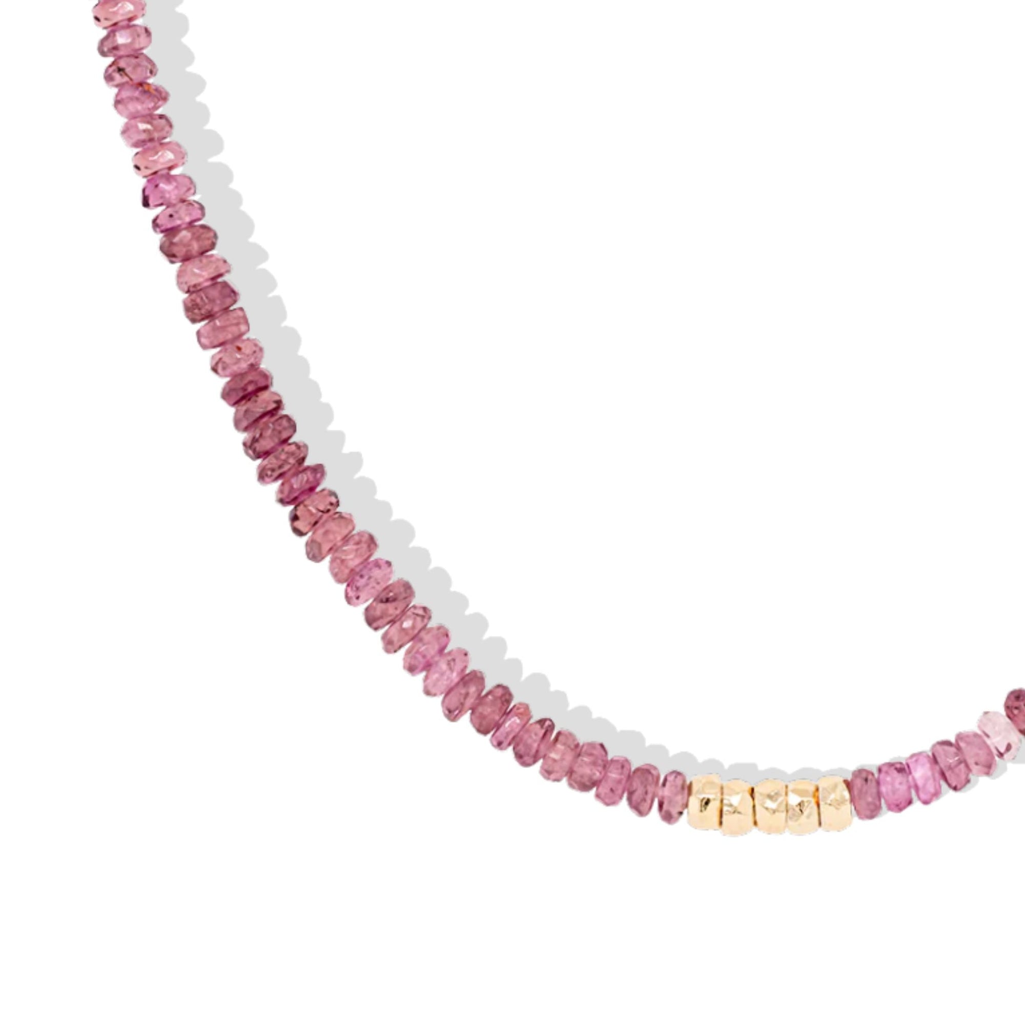 Pink Tourmaline Beaded Necklace with Five Hammered 18K Beads - Peridot Fine Jewelry - Anne Sportun