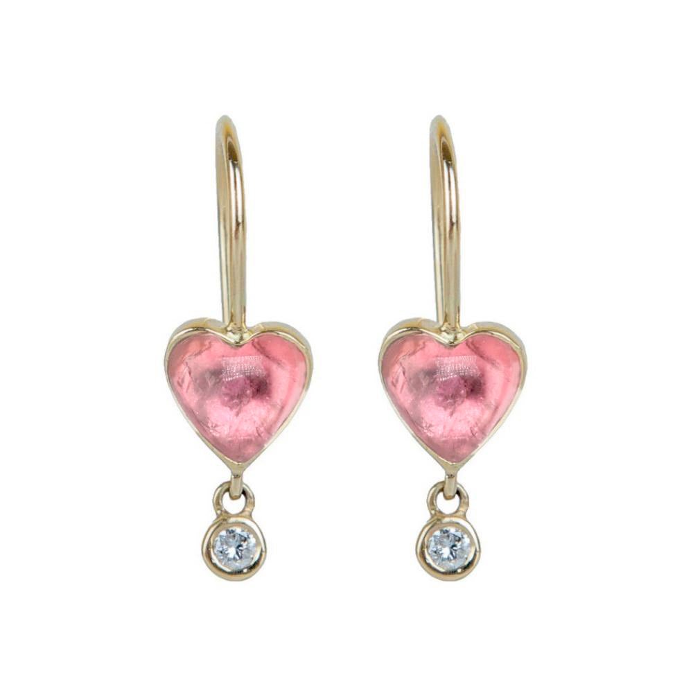 Pink Tourmaline &quot;Byrdie&quot; Heart Earrings with Diamond Drop - Peridot Fine Jewelry - Zahava