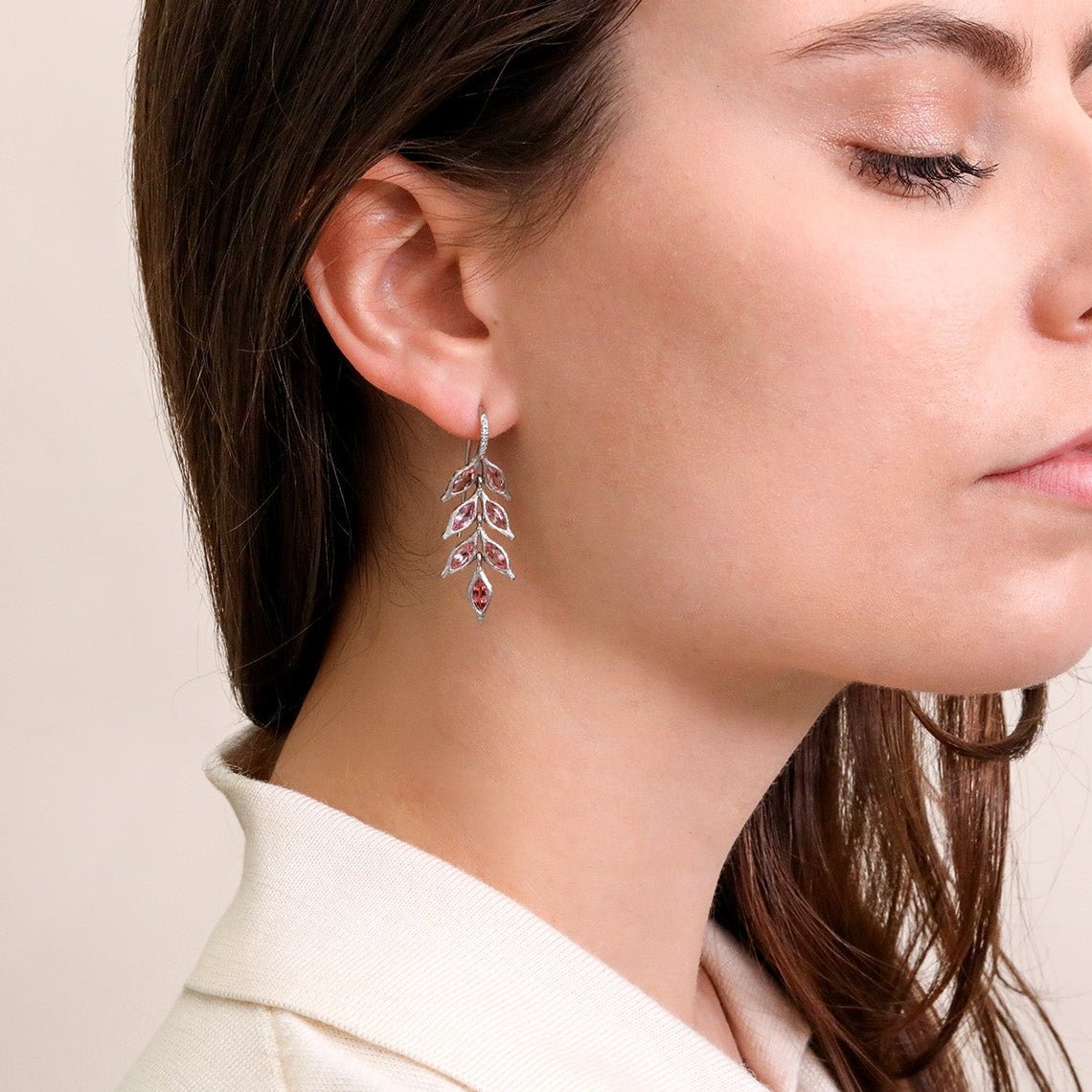 Platinum &amp; Pink Tourmaline "Falling Leaf" Earrings with Pave Diamond Details - Peridot Fine Jewelry - Cathy Waterman