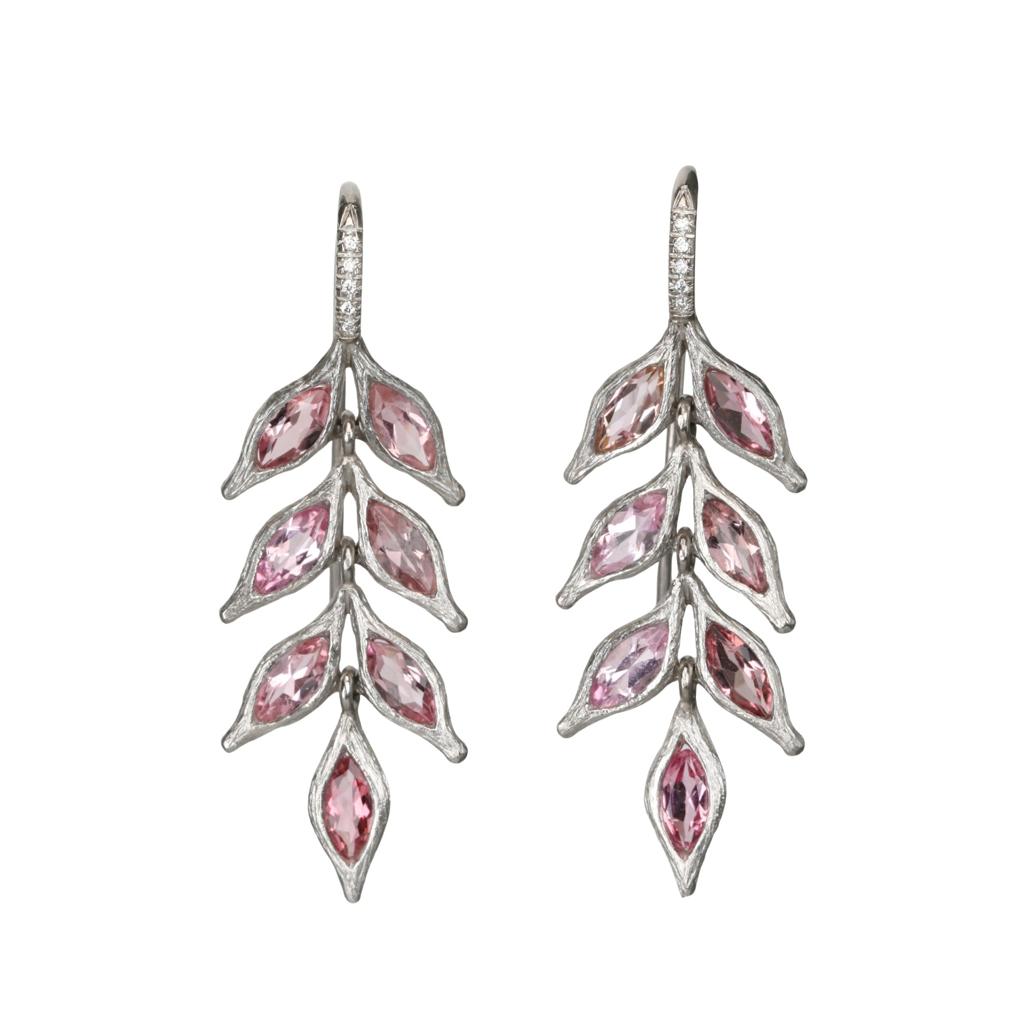 Platinum &amp; Pink Tourmaline "Falling Leaf" Earrings with Pave Diamond Details - Peridot Fine Jewelry - Cathy Waterman