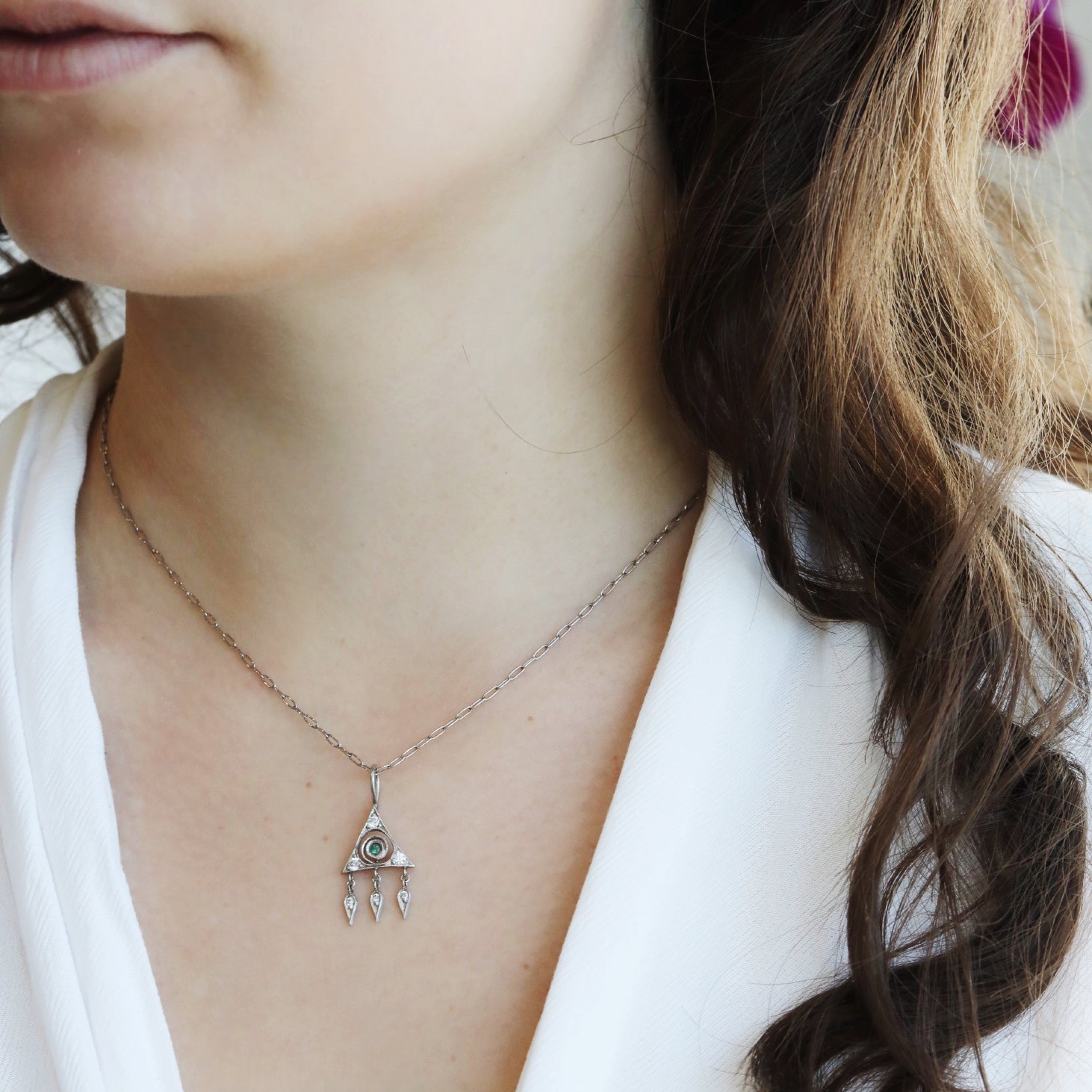 Platinum &quot;Small Thorn Berry&quot; Charm with Center Emerald and Diamond Details - Peridot Fine Jewelry - Cathy Waterman