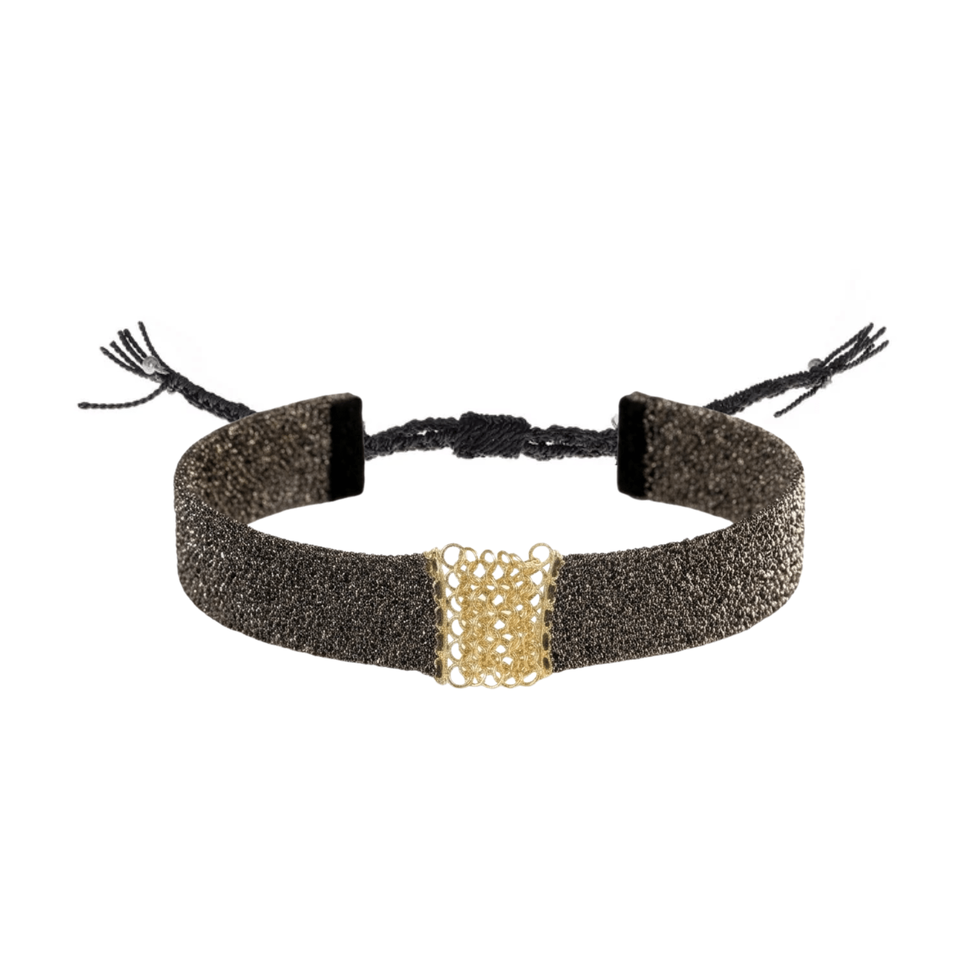 Ruthenium &amp; Black Silk Woven Slim Bracelet with Gold Mesh Center - Peridot Fine Jewelry - Marie Laure Chamorel