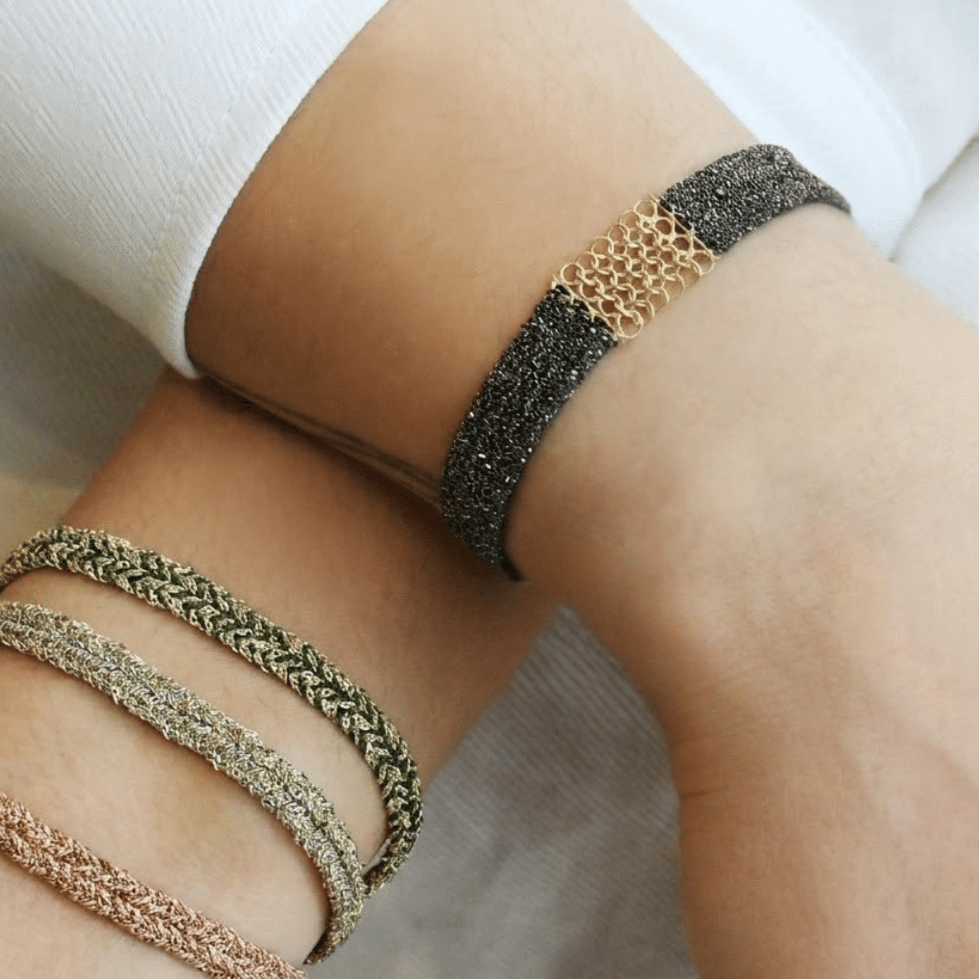 Ruthenium &amp; Black Silk Woven Slim Bracelet with Gold Mesh Center - Peridot Fine Jewelry - Marie Laure Chamorel
