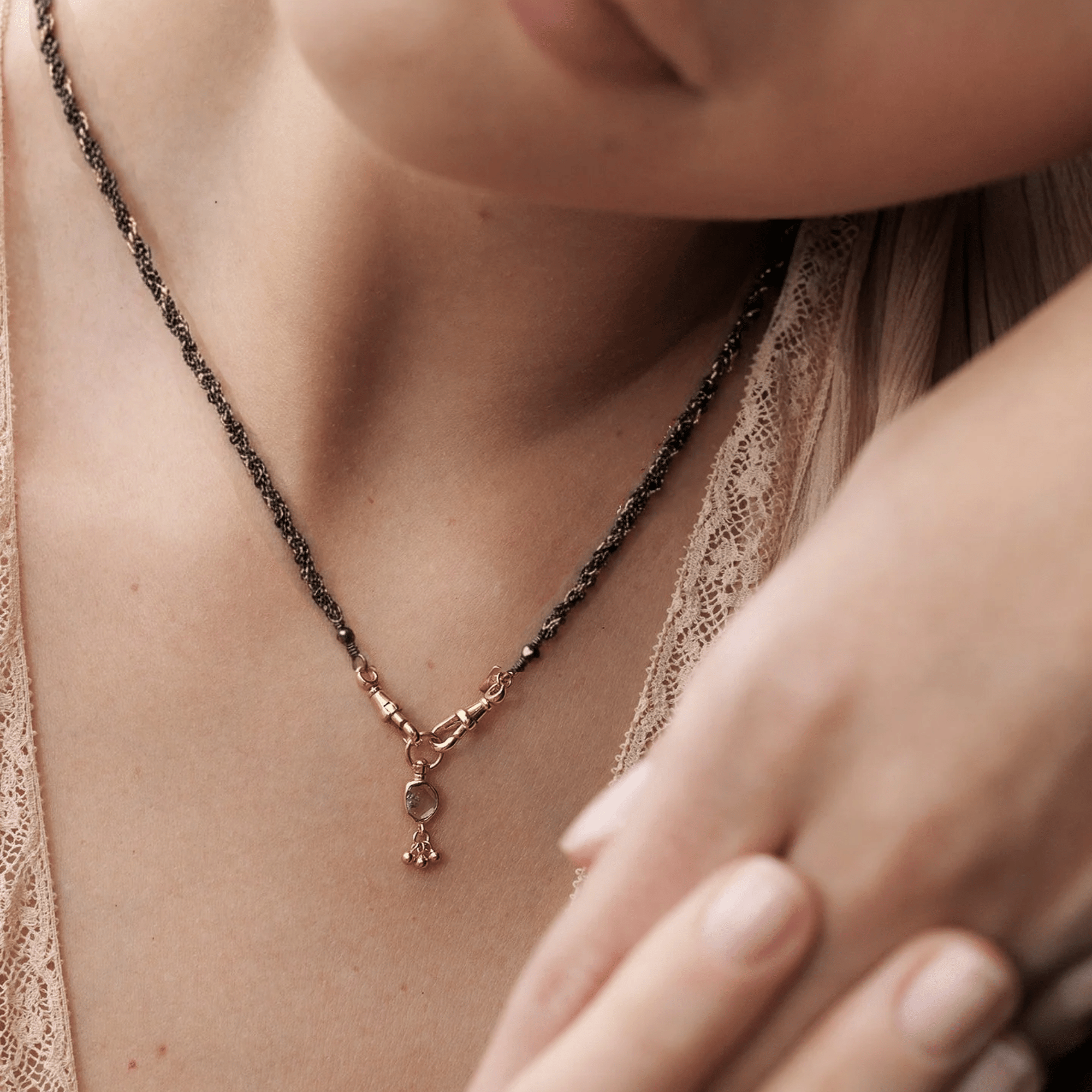 Ruthenium &amp; Gold Vermeil Woven Chain Necklace with Bezel-Set Polki Diamond Slice &amp; Triple Granule Dangle Charm - Peridot Fine Jewelry - Marie Laure Chamorel