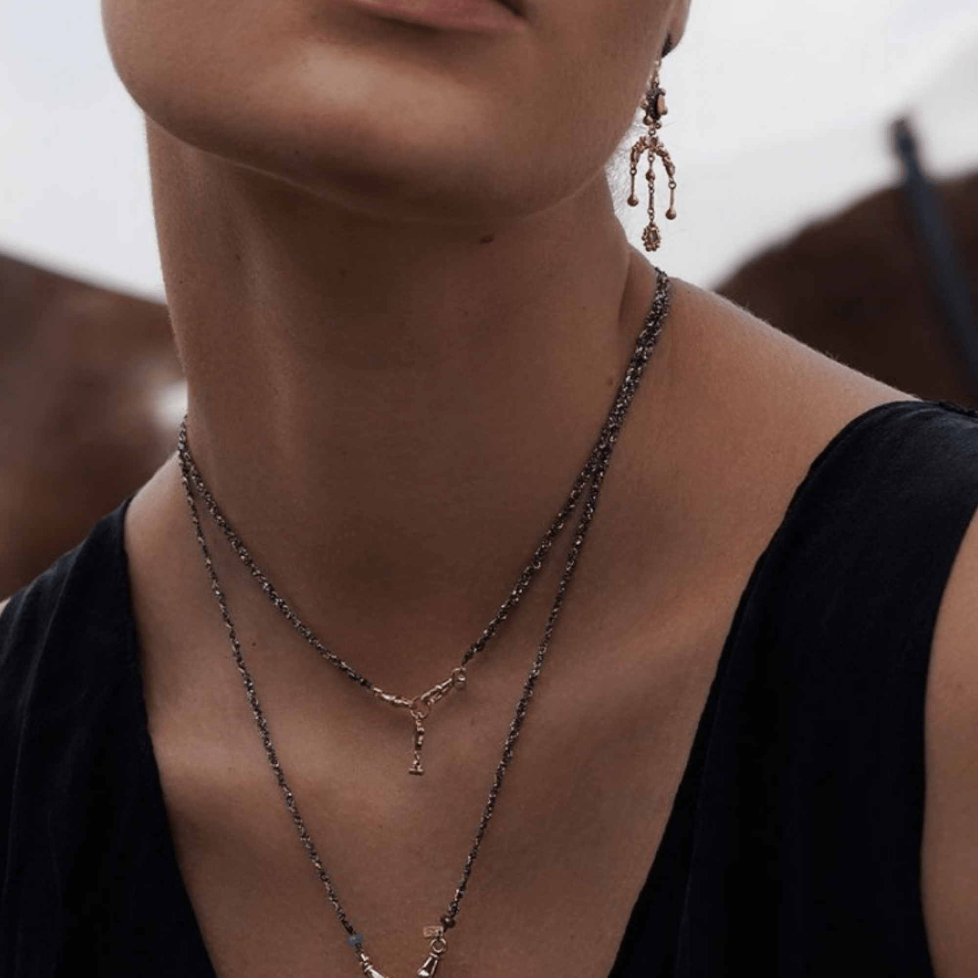 Ruthenium &amp; Gold Vermeil Woven Chain Necklace with Bezel-Set Polki Diamond Slice &amp; Triple Granule Dangle Charm - Peridot Fine Jewelry - Marie Laure Chamorel