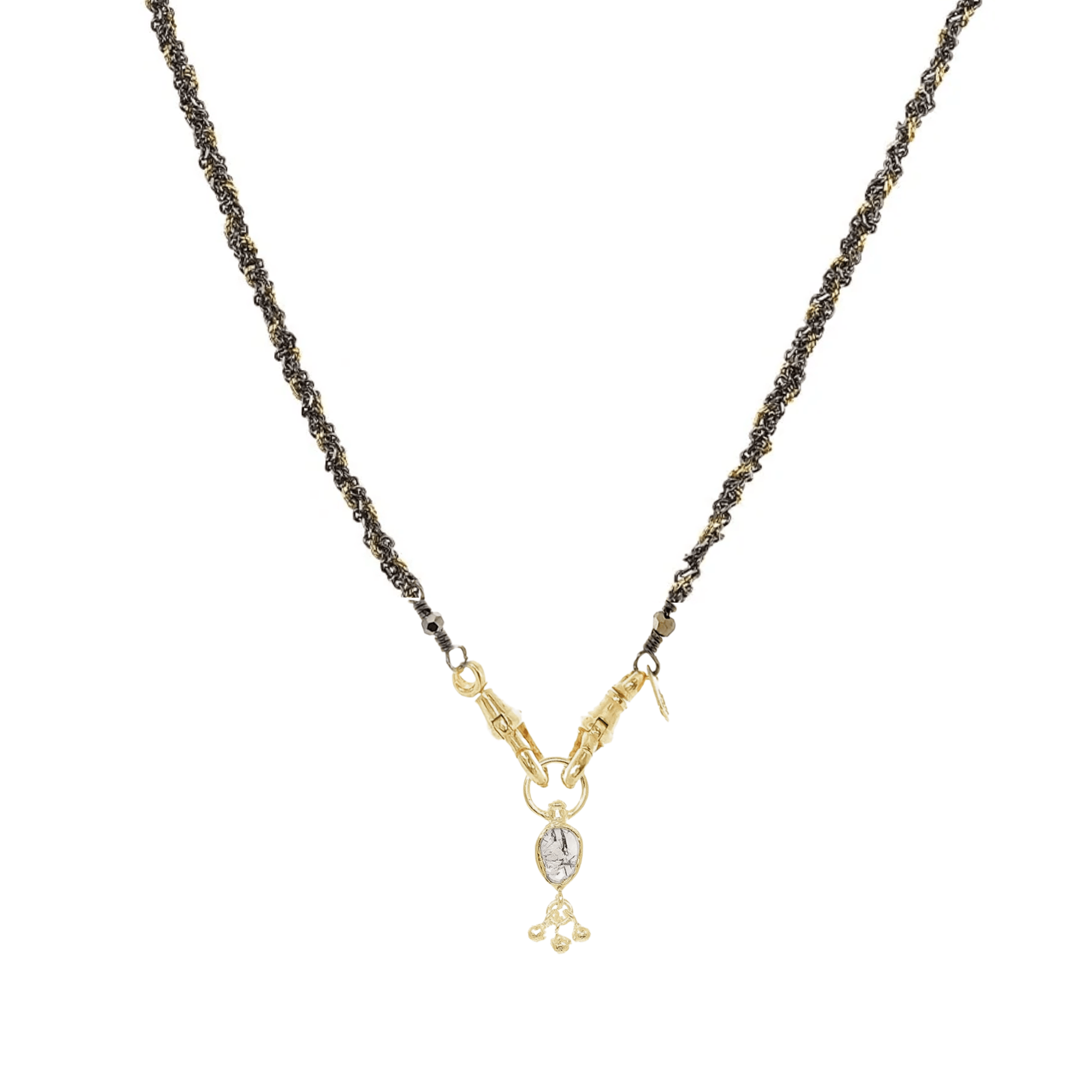 Ruthenium &amp; Gold Vermeil Woven Chain Necklace with Bezel-Set Polki Diamond Slice &amp; Triple Granule Dangle Charm - Peridot Fine Jewelry - Marie Laure Chamorel