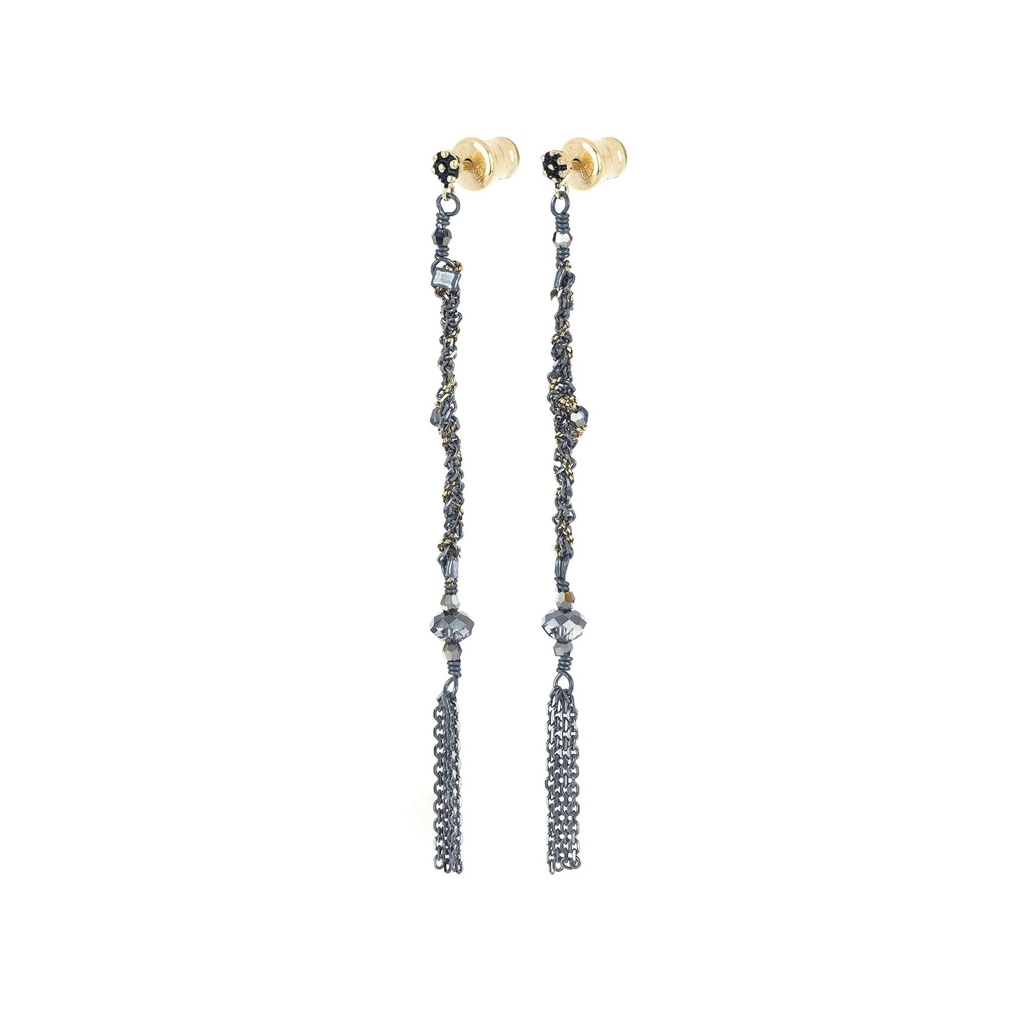 Ruthenium Woven Chain Drop Earrings with Crystal Beads - Peridot Fine Jewelry - Marie Laure Chamorel