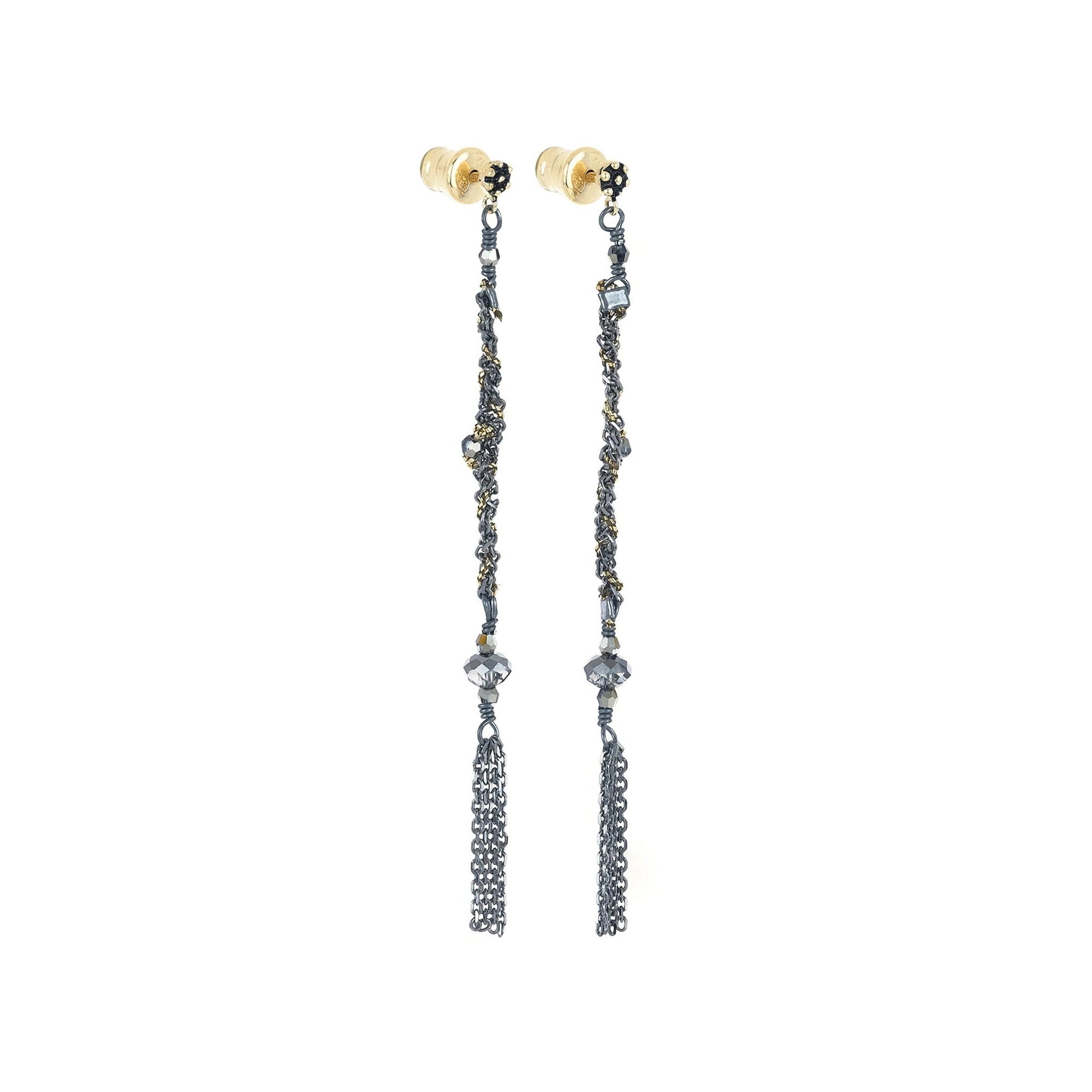 Ruthenium Woven Chain Drop Earrings with Crystal Beads - Peridot Fine Jewelry - Marie Laure Chamorel