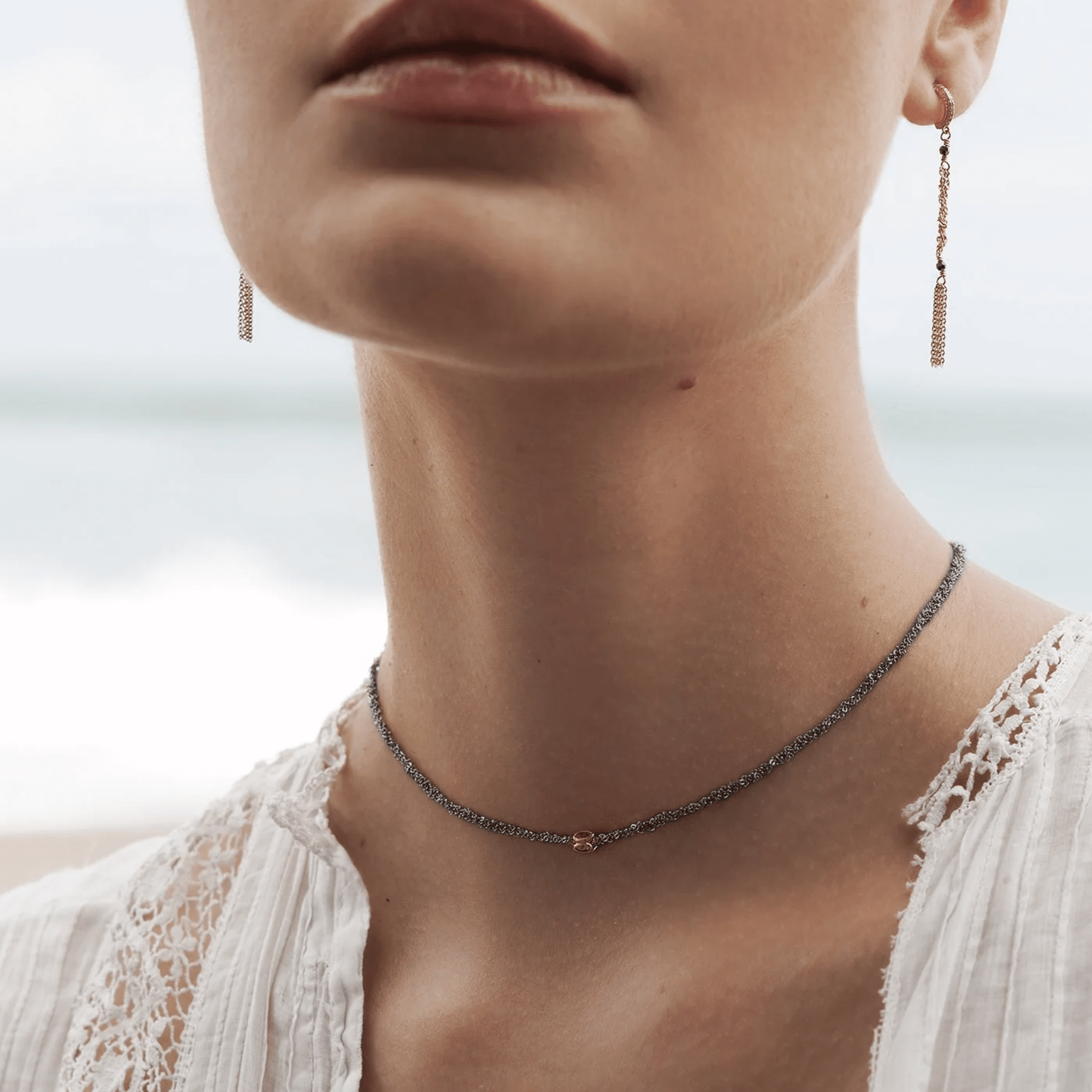 Ruthenium Woven Chain Necklace with Center Vermeil &amp; Polki Diamond Rondelle Bead - Peridot Fine Jewelry - Marie Laure Chamorel