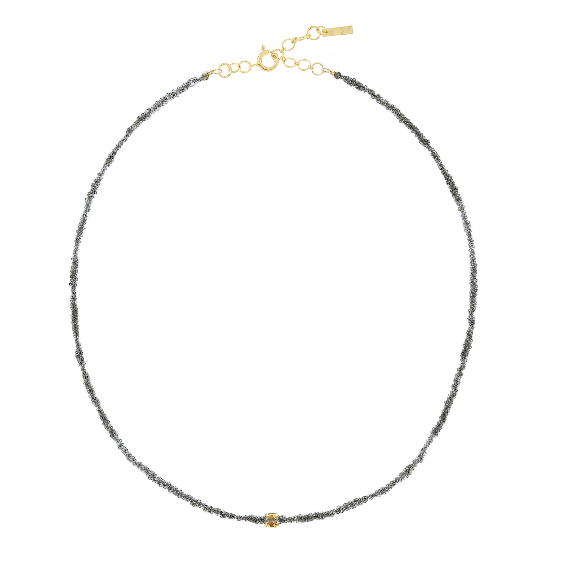 Ruthenium Woven Chain Necklace with Center Vermeil &amp; Polki Diamond Rondelle Bead - Peridot Fine Jewelry - Marie Laure Chamorel