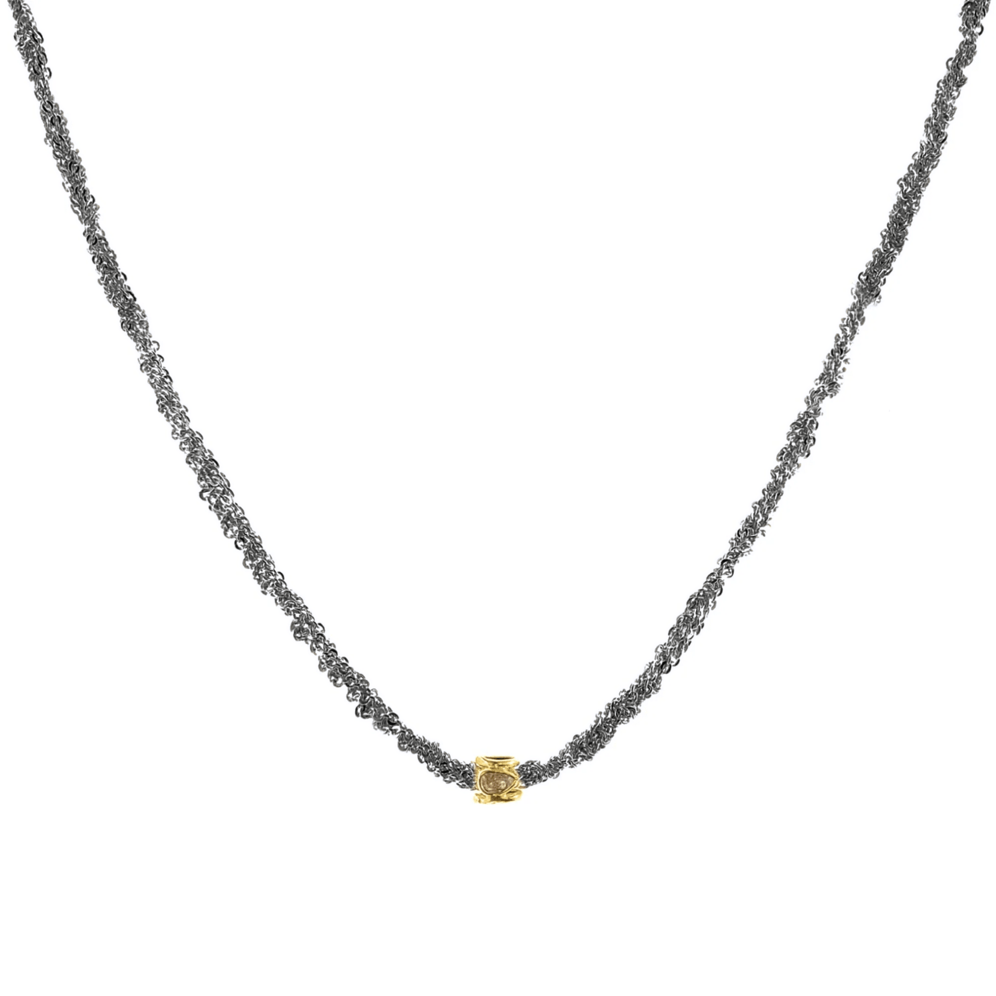Ruthenium Woven Chain Necklace with Center Vermeil &amp; Polki Diamond Rondelle Bead - Peridot Fine Jewelry - Marie Laure Chamorel