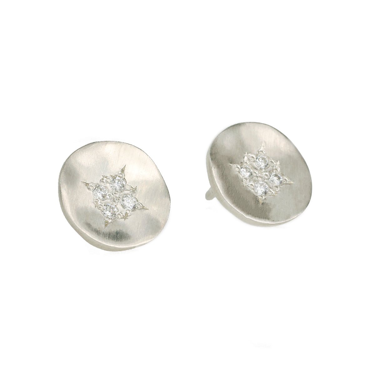 Silver Disc &quot;Four Star Wave&quot; Diamond Studs - Peridot Fine Jewelry - Trielle Fine Jewelry