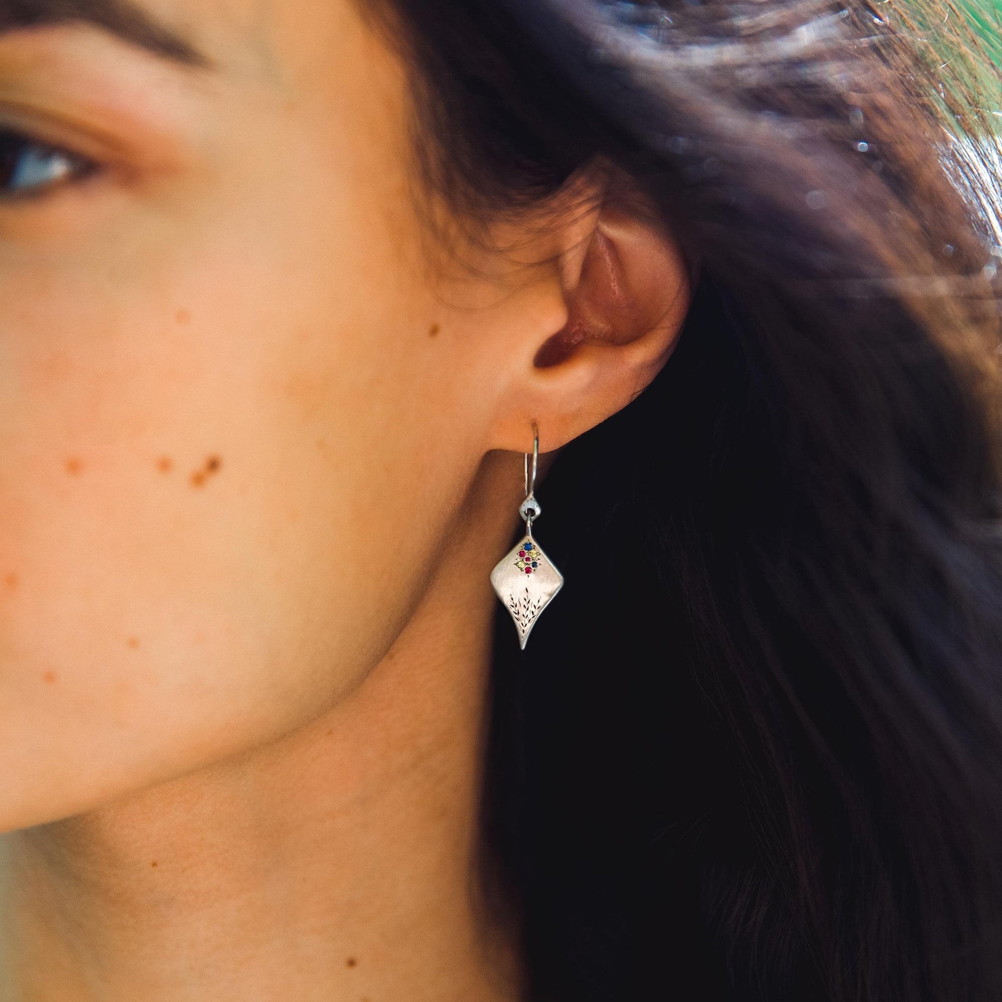 Silver Multi-Colored Sapphire &quot;Secret Garden&quot; Earrings - Peridot Fine Jewelry - Adel Chefridi