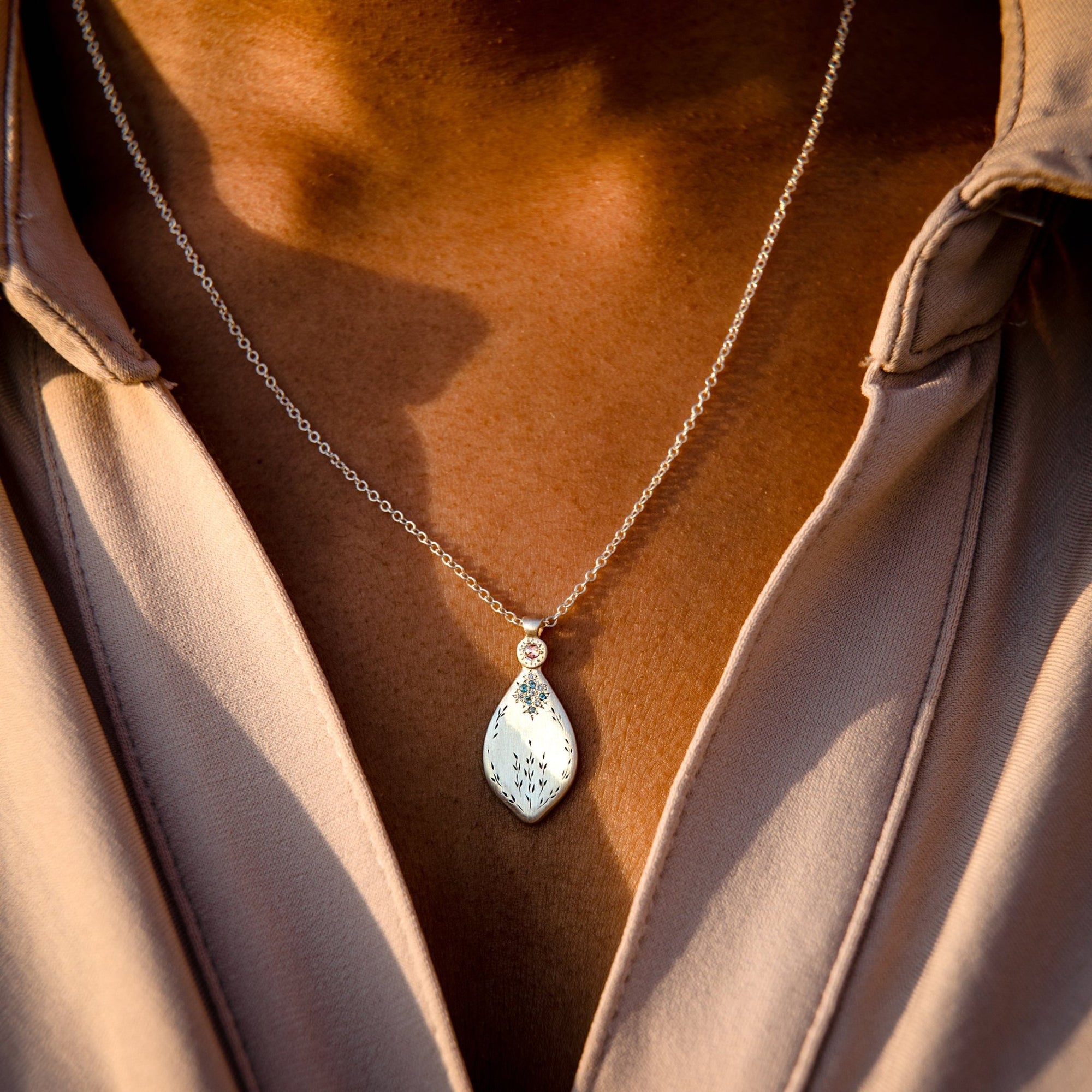 Silver &quot;Secret Garden&quot; Necklace with Aquamarines &amp; Diamonds - Peridot Fine Jewelry - Adel Chefridi