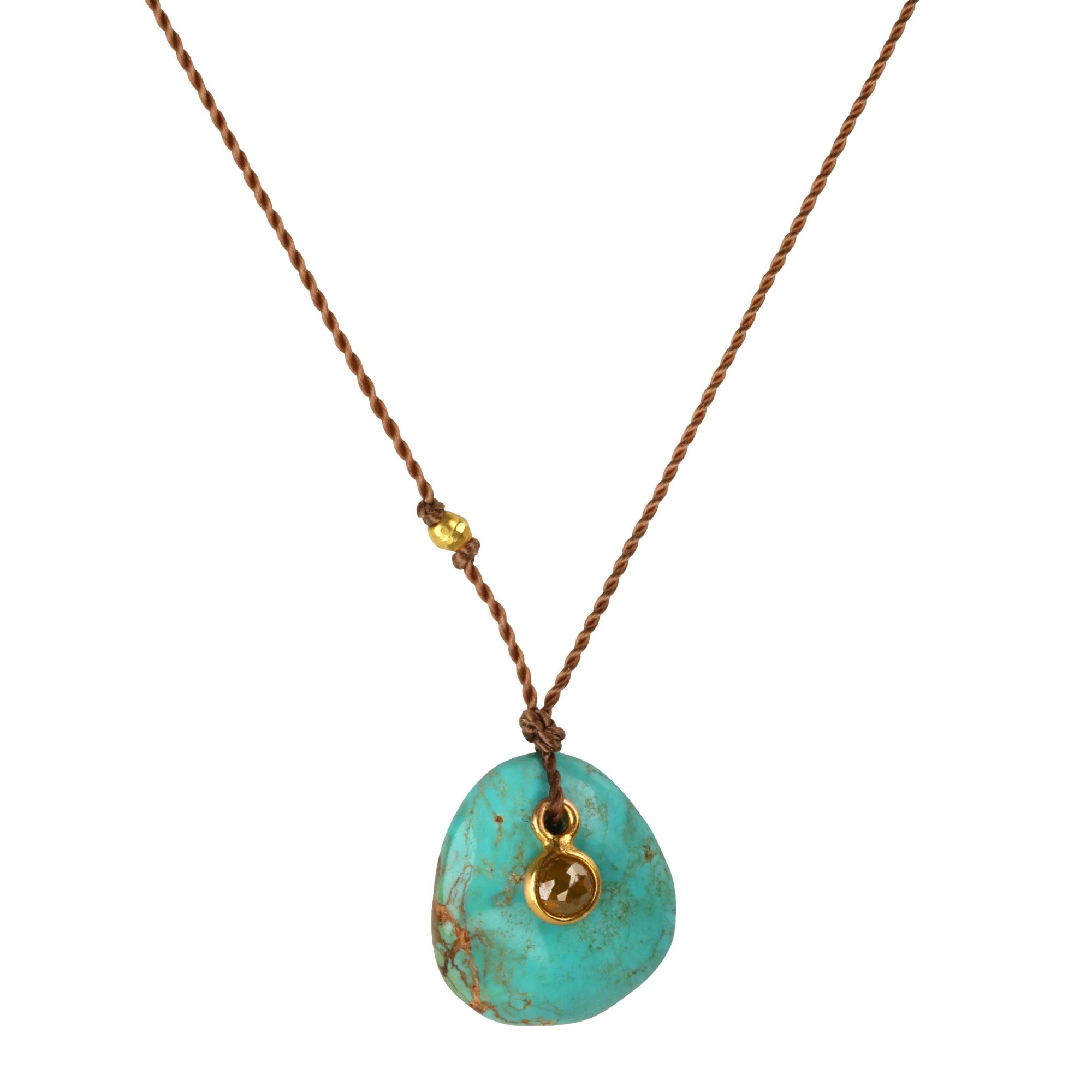Smooth Asymmetrical Turquoise Pendant Necklace with 18K Bezel Set Cognac Diamond Detail on Brown Cord - Peridot Fine Jewelry - Margaret Solow Jewelry