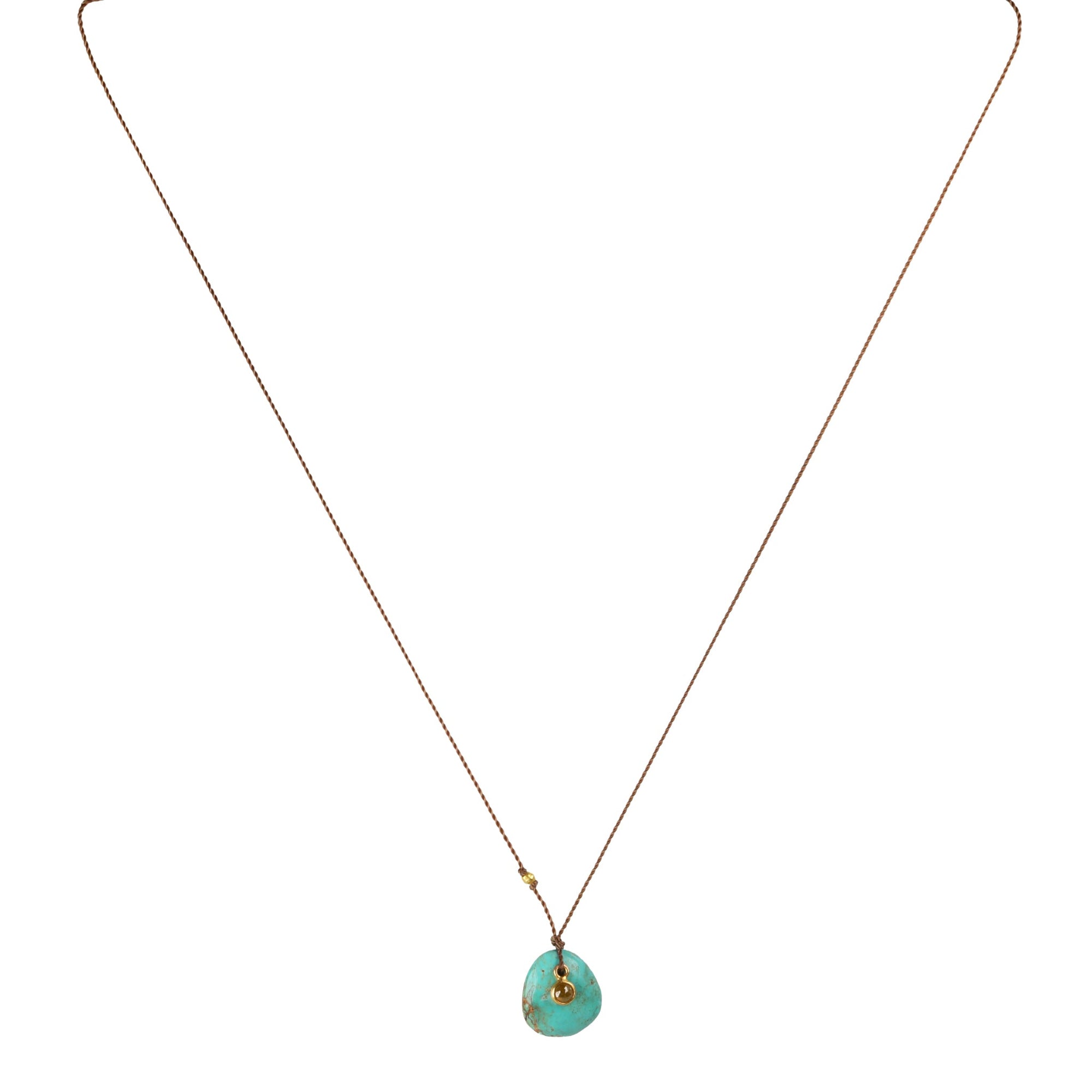 Smooth Asymmetrical Turquoise Pendant Necklace with 18K Bezel Set Cognac Diamond Detail on Brown Cord - Peridot Fine Jewelry - Margaret Solow Jewelry