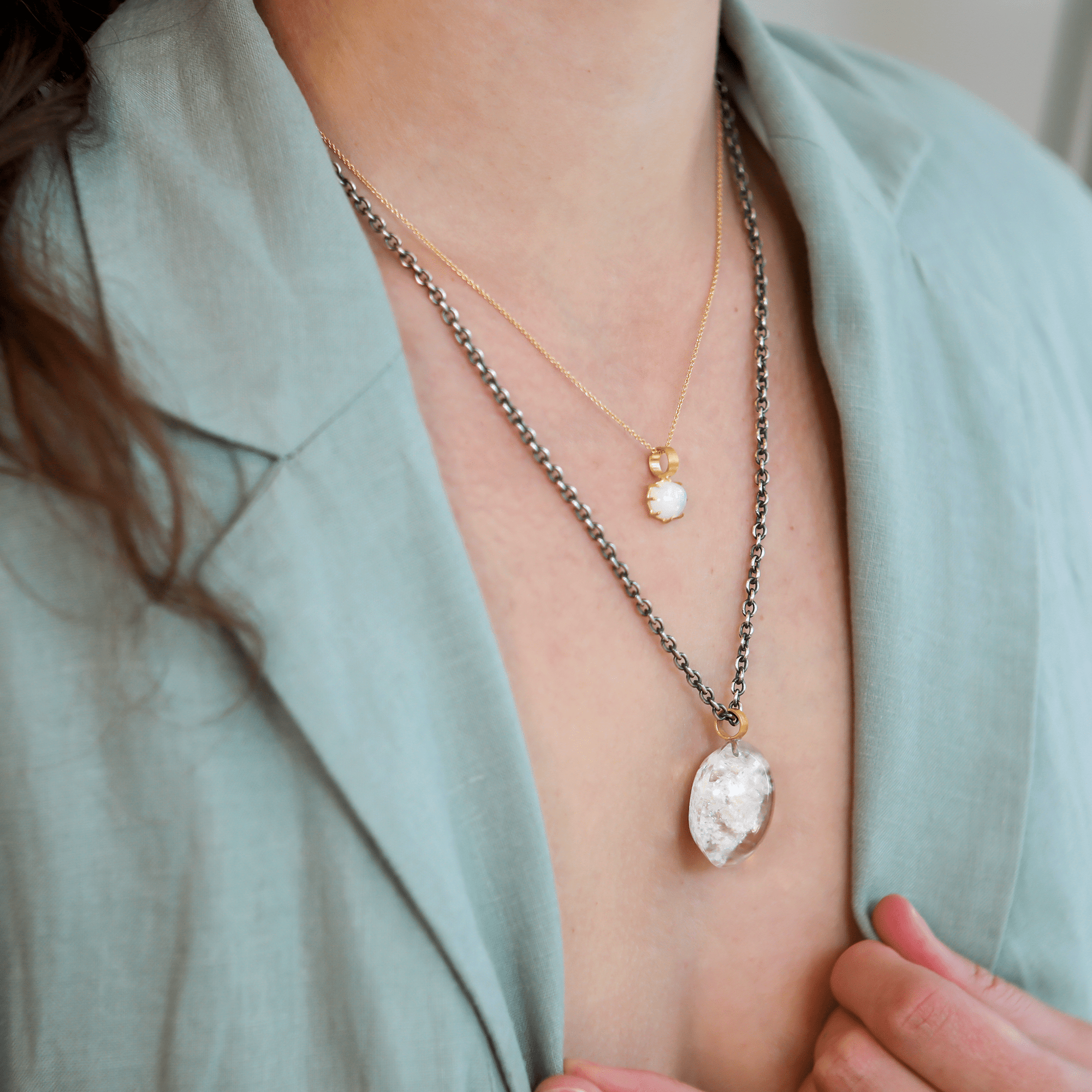 Smooth Oval Phantom Quartz Pendant with 22K Gold Wide Bale - Peridot Fine Jewelry - Rosanne Pugliese