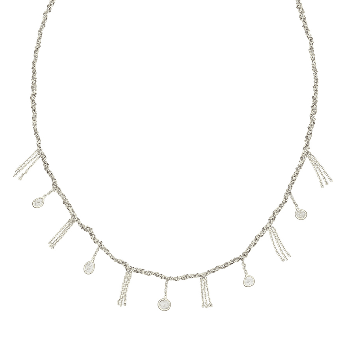 Sterling Silver Chain &amp; Grey Silk Woven Necklace Featuring Five Bezel-Set Grey Diamond Slice Drops &amp; Chain "Fringe" Stations - Peridot Fine Jewelry - Marie Laure Chamorel