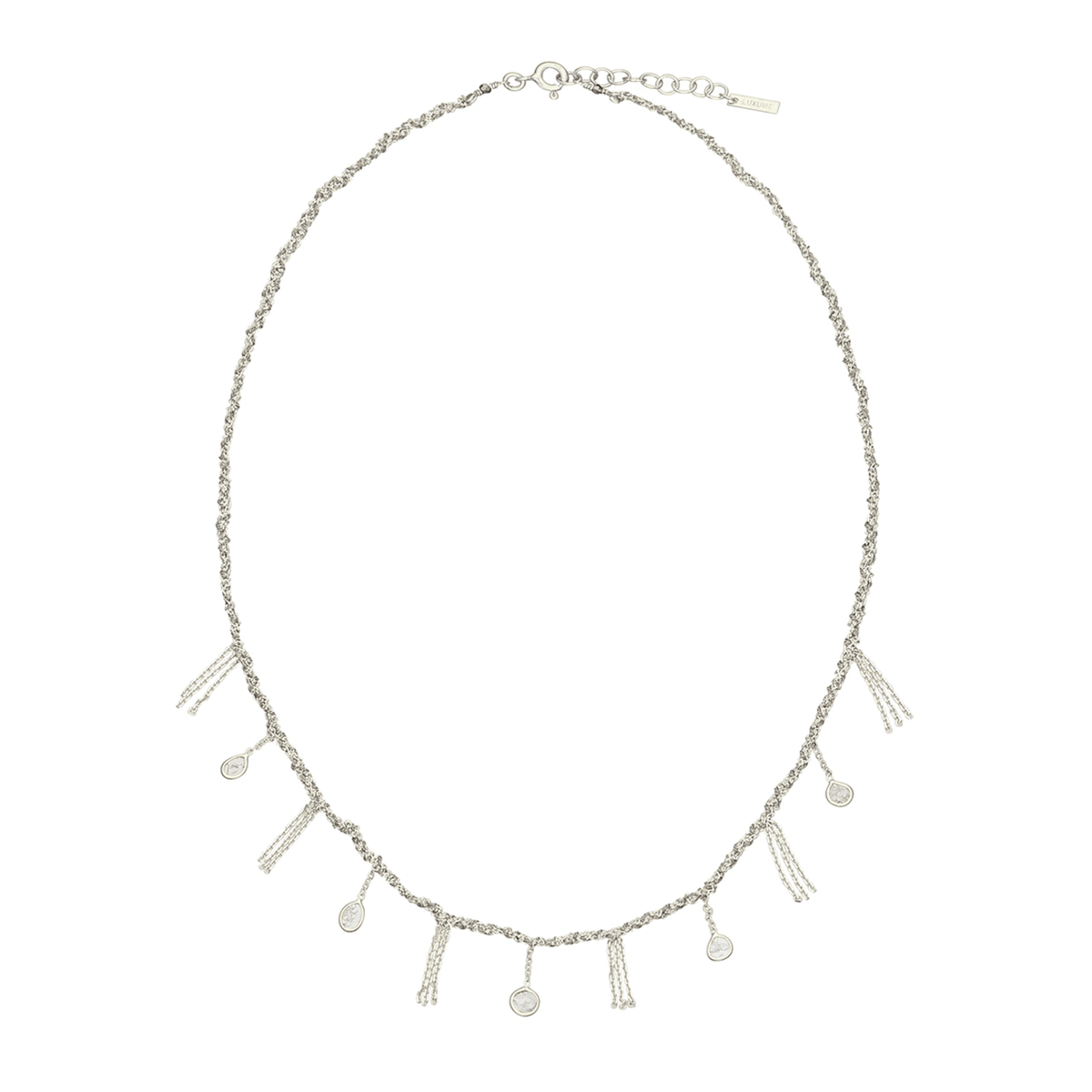 Sterling Silver Chain &amp; Grey Silk Woven Necklace Featuring Five Bezel-Set Grey Diamond Slice Drops &amp; Chain "Fringe" Stations - Peridot Fine Jewelry - Marie Laure Chamorel