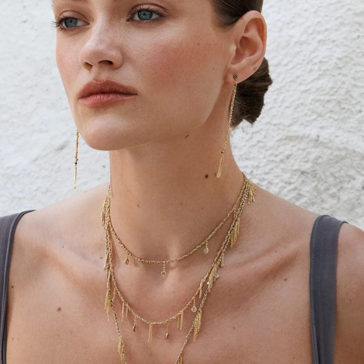 Sterling Silver Chain &amp; Grey Silk Woven Necklace Featuring Five Bezel-Set Grey Diamond Slice Drops &amp; Chain "Fringe" Stations - Peridot Fine Jewelry - Marie Laure Chamorel