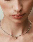 Sterling Silver & Grey Silk Yarn Hand-Braided Necklace with Fixed Oval Oxidized Pave Diamond Charm - Peridot Fine Jewelry - Marie Laure Chamorel