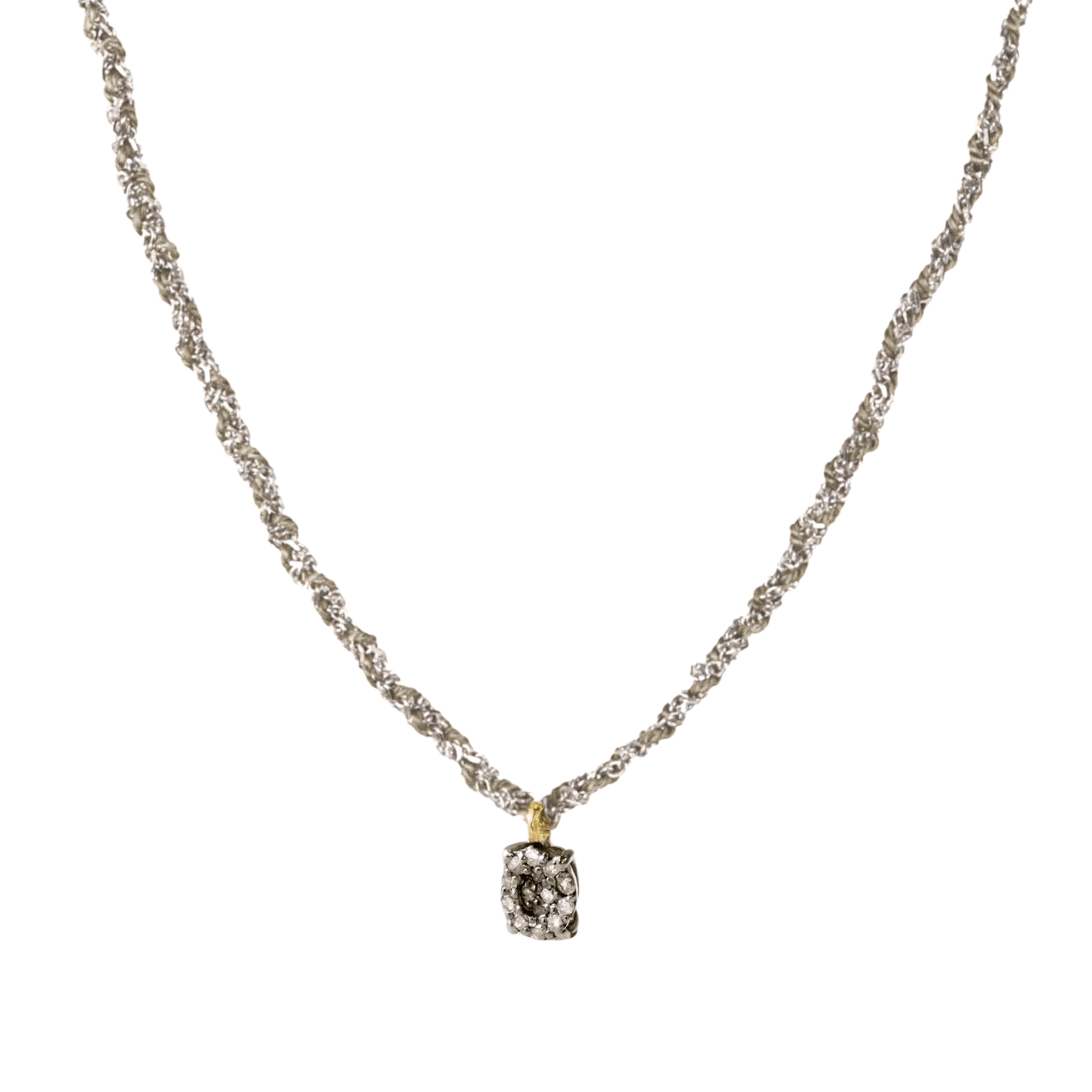 Sterling Silver &amp; Grey Silk Yarn Hand-Braided Necklace with Fixed Oval Oxidized Pave Diamond Charm - Peridot Fine Jewelry - Marie Laure Chamorel