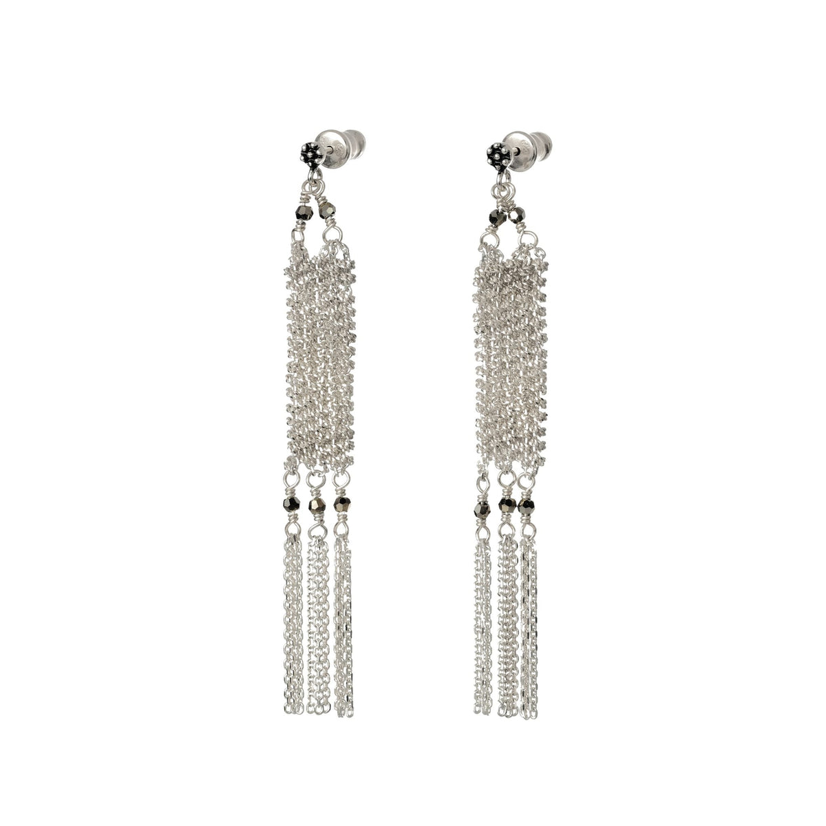 Sterling Silver Multi-Row Woven Chain Drop Earrings with Crystal Bead &amp; Chain Fringe Details - Peridot Fine Jewelry - Marie Laure Chamorel