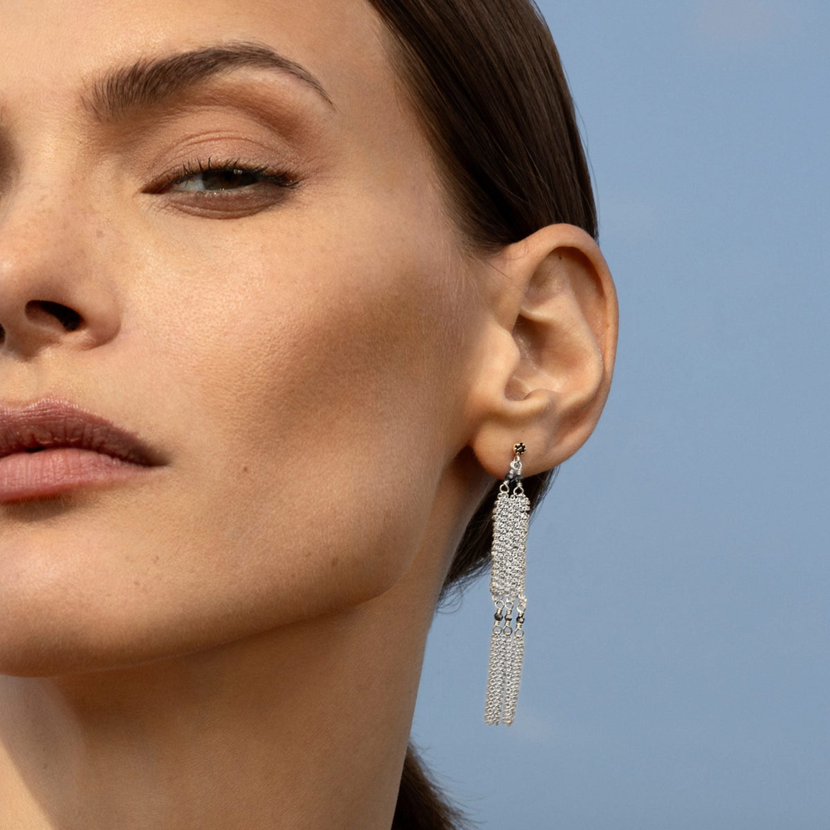 Sterling Silver Multi-Row Woven Chain Drop Earrings with Crystal Bead &amp; Chain Fringe Details - Peridot Fine Jewelry - Marie Laure Chamorel