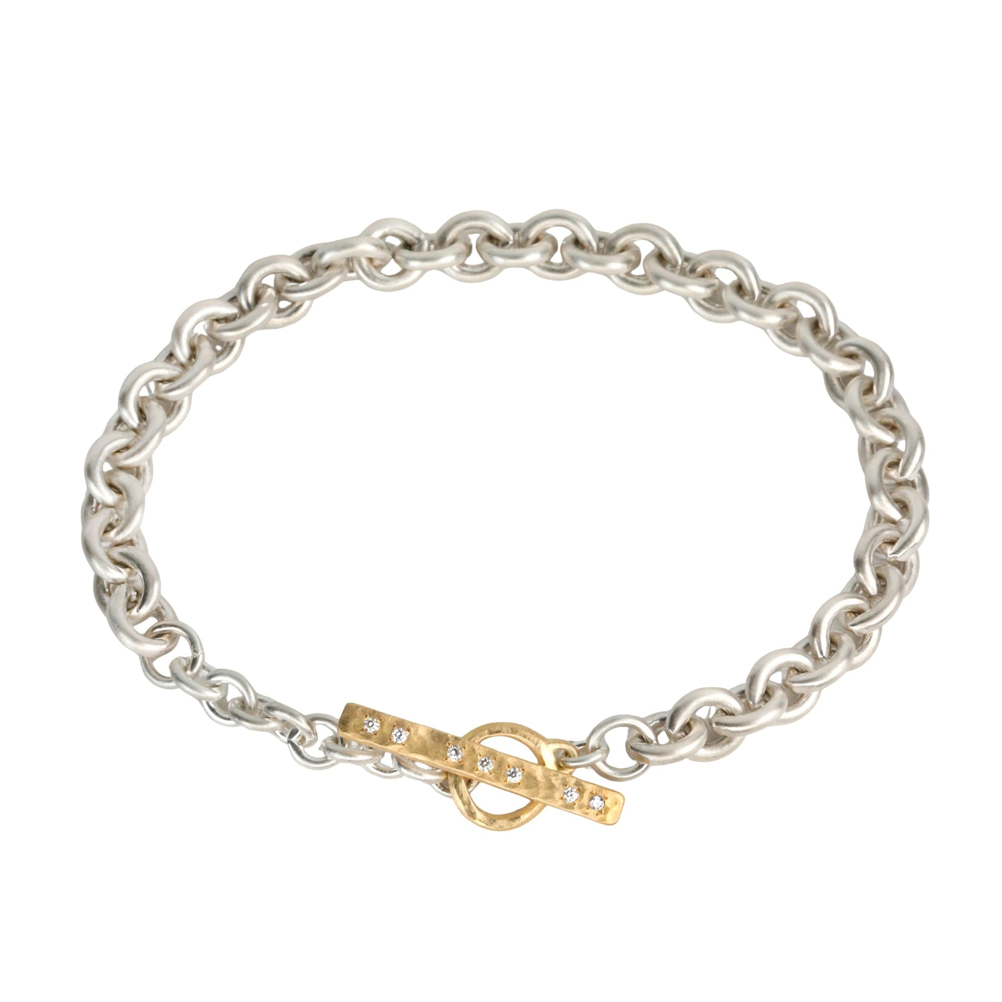 Sterling Silver Round Link Chain Bracelet with 18K Hammered Toggle Clasp &amp; Diamond Details - Peridot Fine Jewelry - Yasuko Azuma