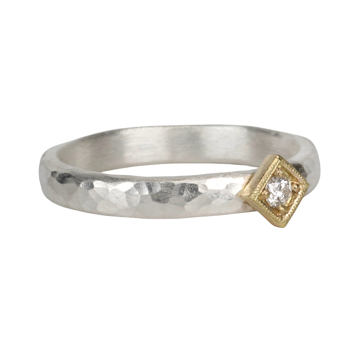 Sterling Silver &amp; Single Diamond Ring with 18K Diamond - Shaped Setting - Peridot Fine Jewelry - Yasuko Azuma