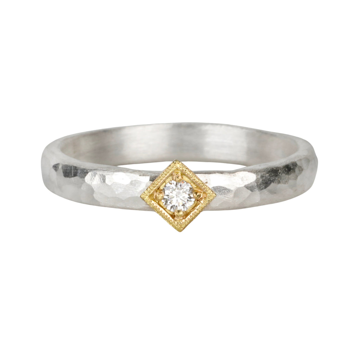 Sterling Silver &amp; Single Diamond Ring with 18K Diamond - Shaped Setting - Peridot Fine Jewelry - Yasuko Azuma