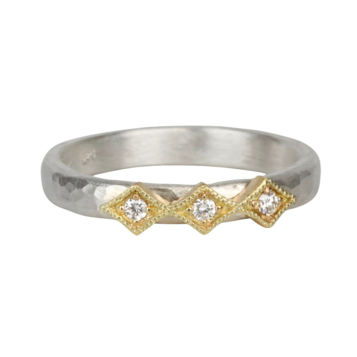 Sterling Silver &amp; Three Diamond Ring with 18K Diamond - Shaped Settings - Peridot Fine Jewelry - Yasuko Azuma