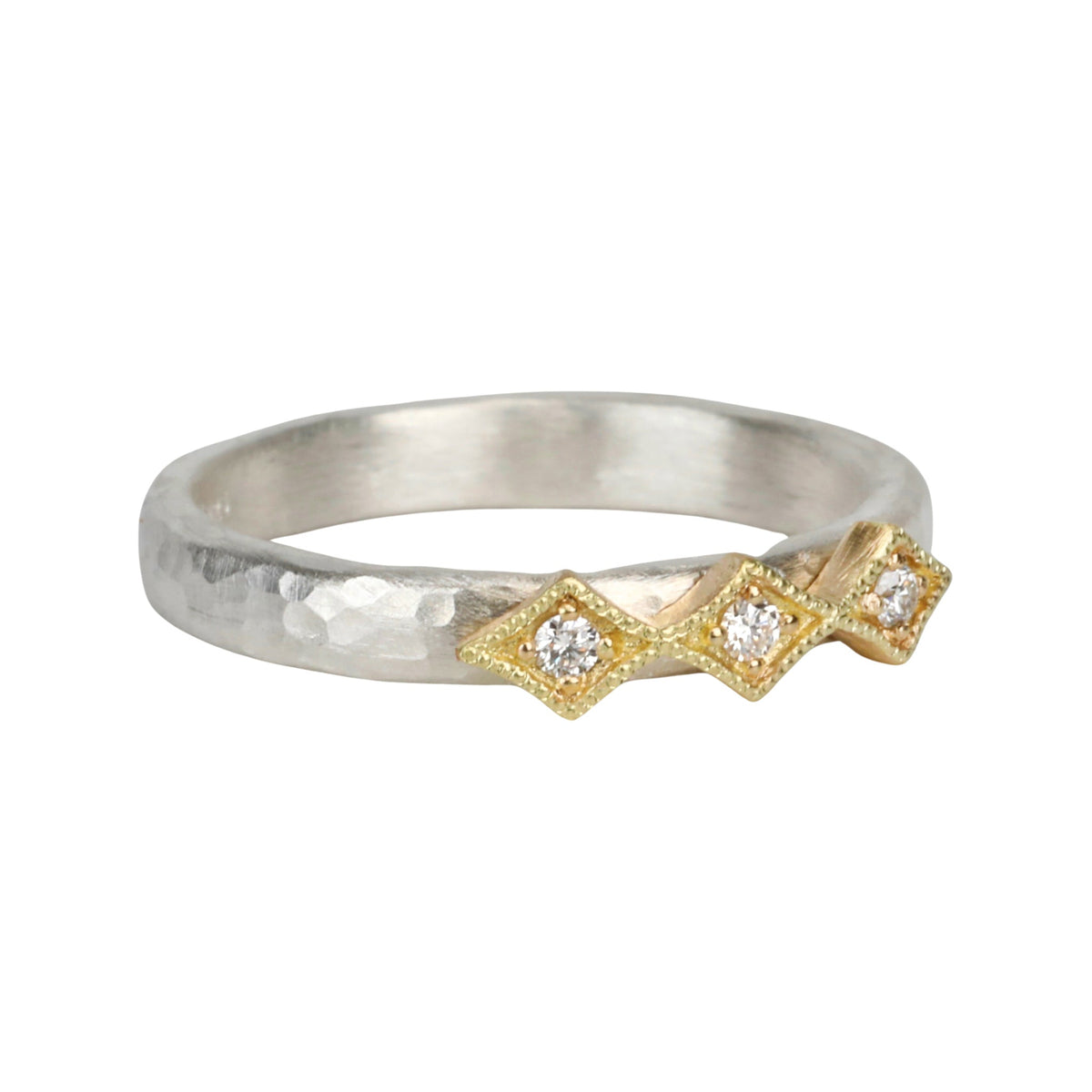 Sterling Silver &amp; Three Diamond Ring with 18K Diamond - Shaped Settings - Peridot Fine Jewelry - Yasuko Azuma