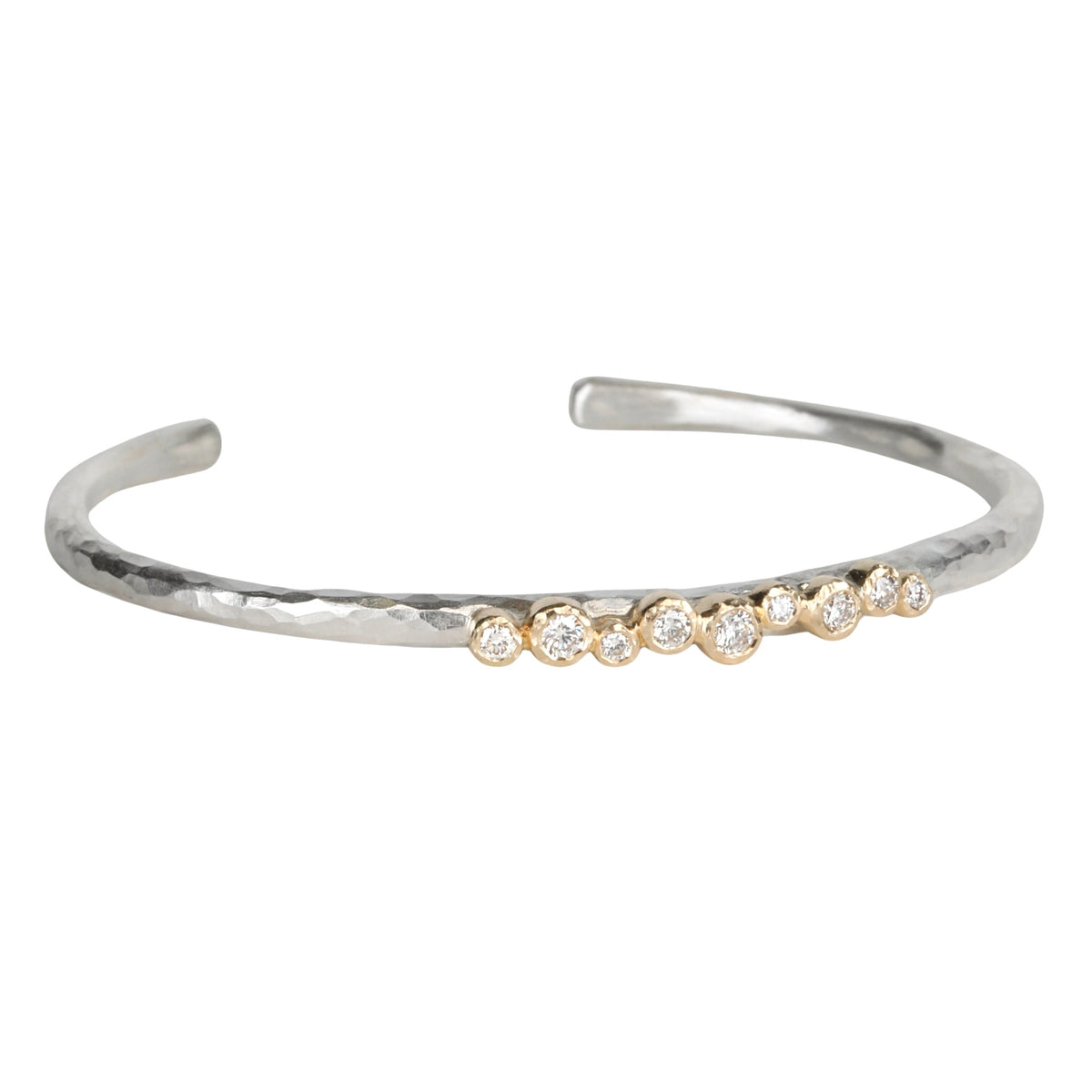 Textured Sterling Silver Cuff Bracelet With Nine 18K Gold Bezel - Set Diamonds - Peridot Fine Jewelry - Yasuko Azuma