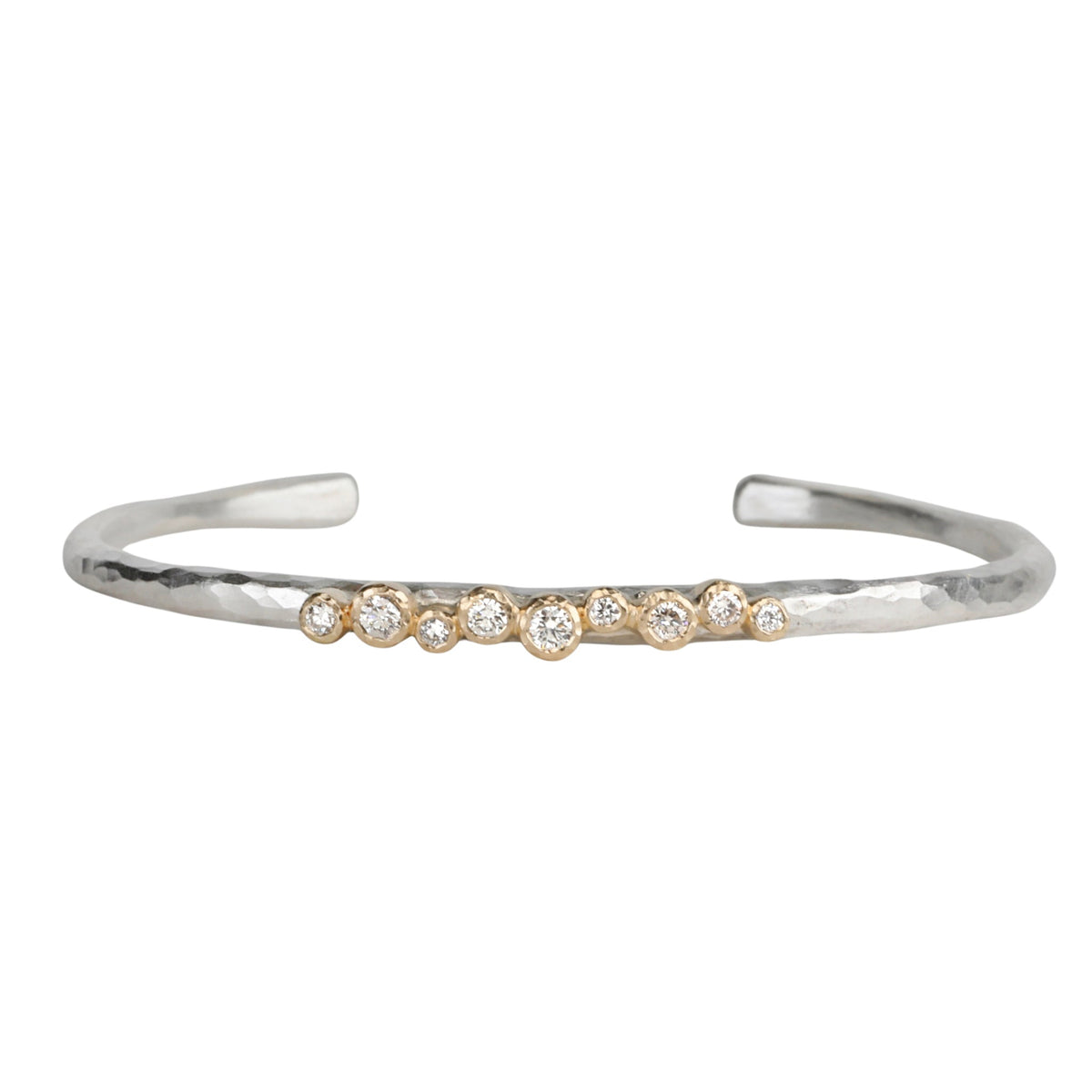 Textured Sterling Silver Cuff Bracelet With Nine 18K Gold Bezel - Set Diamonds - Peridot Fine Jewelry - Yasuko Azuma