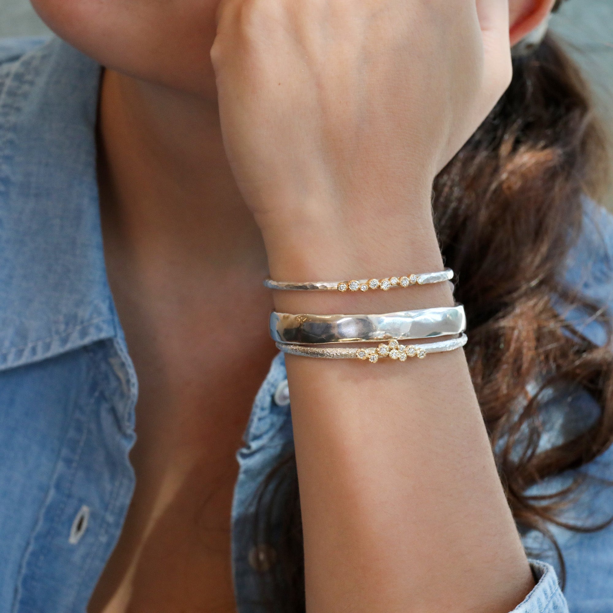 Textured Sterling Silver Cuff Bracelet With Nine 18K Gold Bezel - Set Diamonds - Peridot Fine Jewelry - Yasuko Azuma