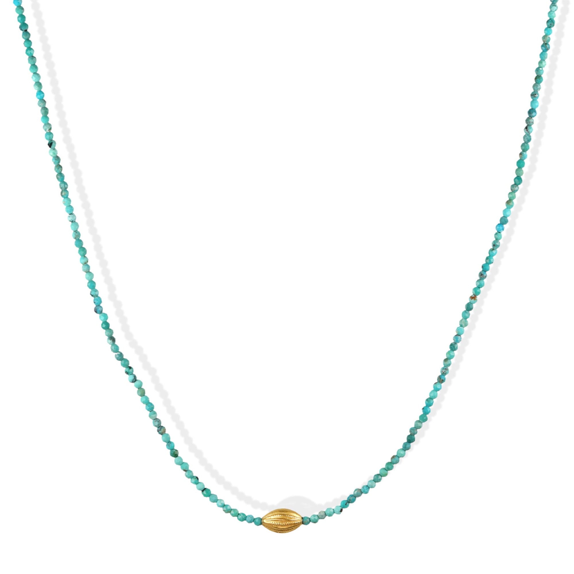 Turquoise Beaded Necklace with 18K Gold Etched Oval Bead - Peridot Fine Jewelry - Margaret Solow Jewelry