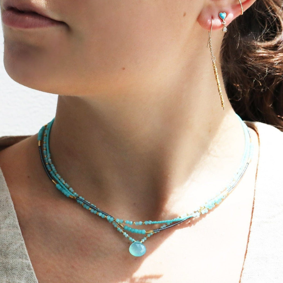 Turquoise Seed Bead Necklace with Three Amazonite &amp; Gold Vermeil Stations - Peridot Fine Jewelry - Debbie Fisher