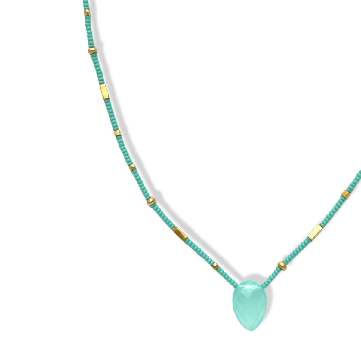 Turquoise Seed Beaded Necklace with Center Faceted Aqua Colored Chalcedony Bead Pendant - Peridot Fine Jewelry - Debbie Fisher