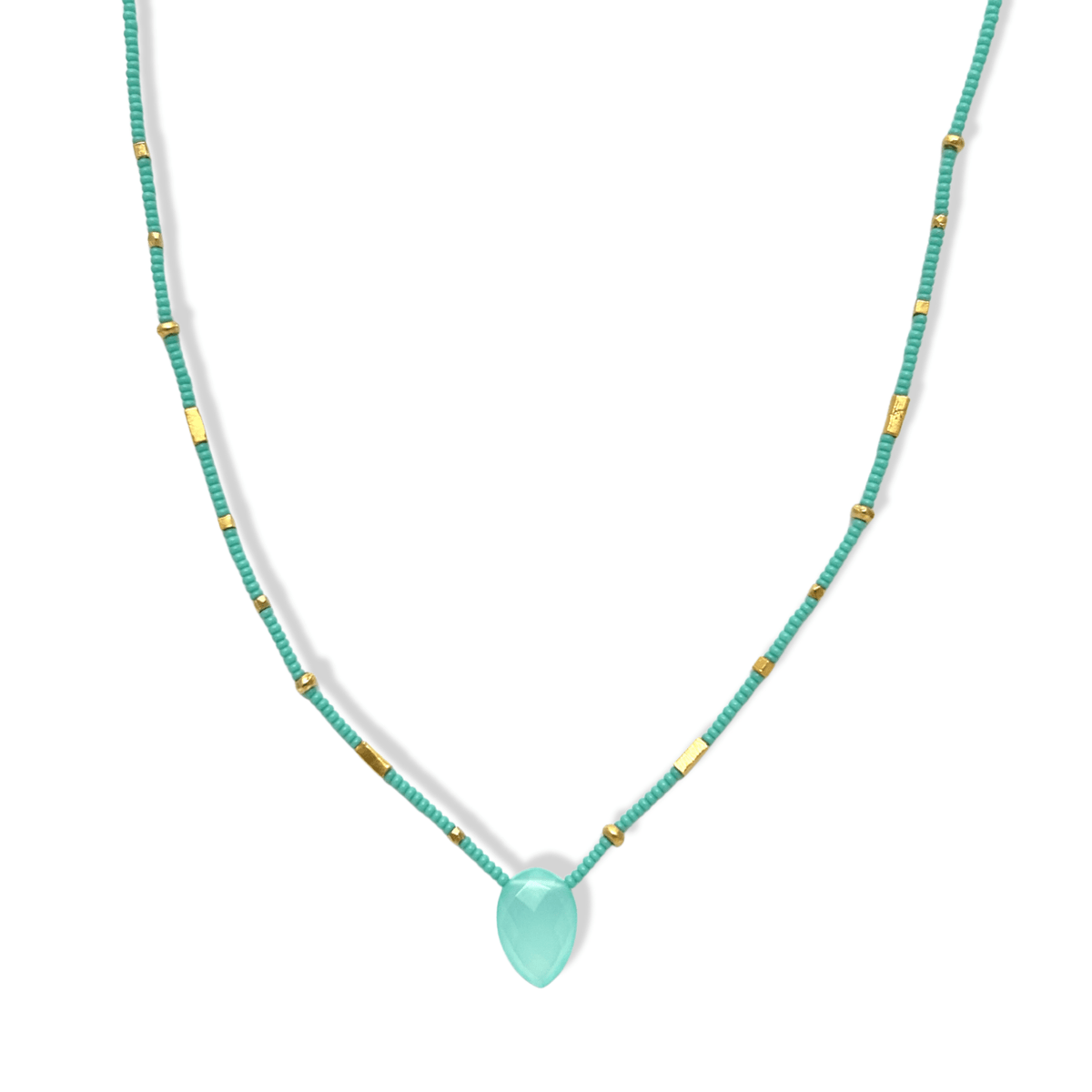 Turquoise Seed Beaded Necklace with Center Faceted Aqua Colored Chalcedony Bead Pendant - Peridot Fine Jewelry - Debbie Fisher