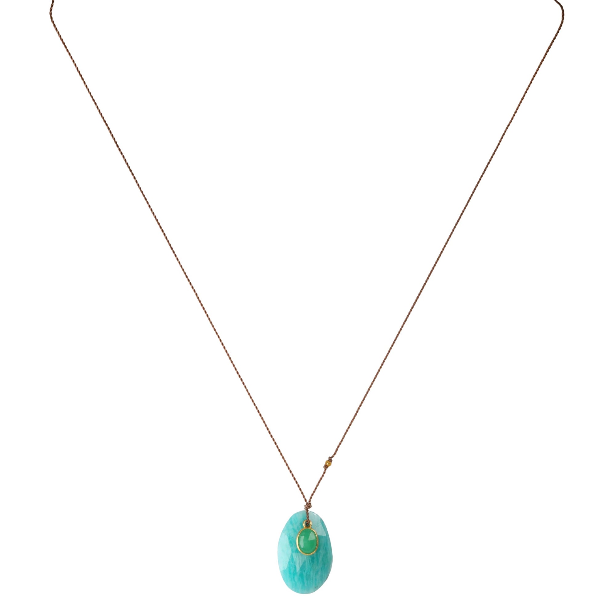 Two - Stone Pendant Necklace with Loose Faceted Amazonite &amp; 18K Bezel - Set Oval Chrysoprase on Brown Cord - Peridot Fine Jewelry - Margaret Solow Jewelry