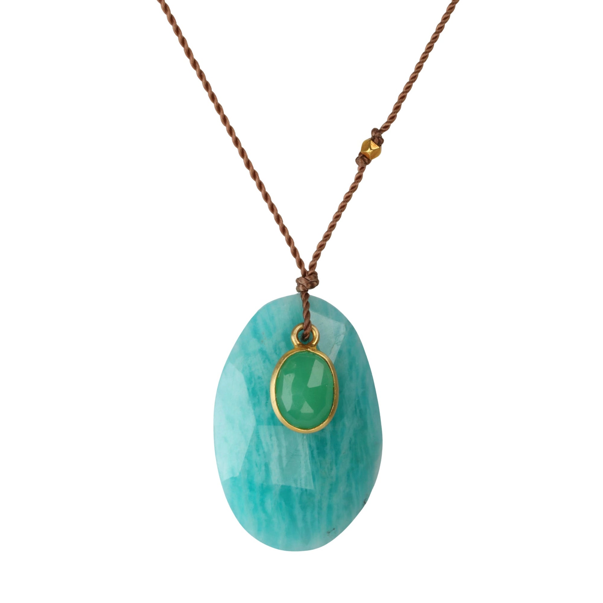 Two - Stone Pendant Necklace with Loose Faceted Amazonite &amp; 18K Bezel - Set Oval Chrysoprase on Brown Cord - Peridot Fine Jewelry - Margaret Solow Jewelry