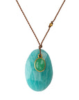 Two - Stone Pendant Necklace with Loose Faceted Amazonite & 18K Bezel - Set Oval Chrysoprase on Brown Cord - Peridot Fine Jewelry - Margaret Solow Jewelry