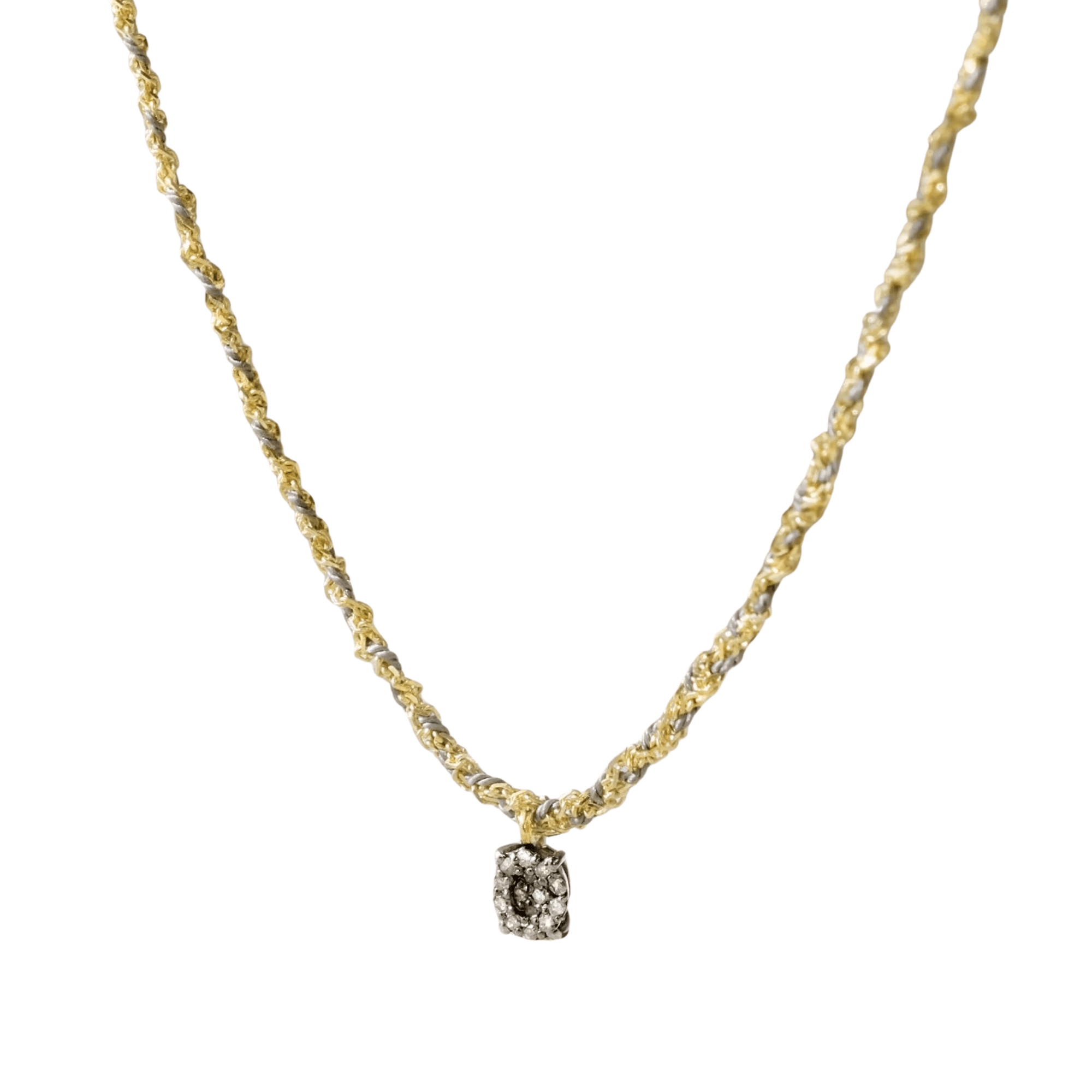 Vermeil Chain &amp; Grey Silk Yarn Hand-Braided Necklace with Fixed Oval Oxidized Sterling Silver &amp; Pave Diamond Charm - Peridot Fine Jewelry - Marie Laure Chamorel