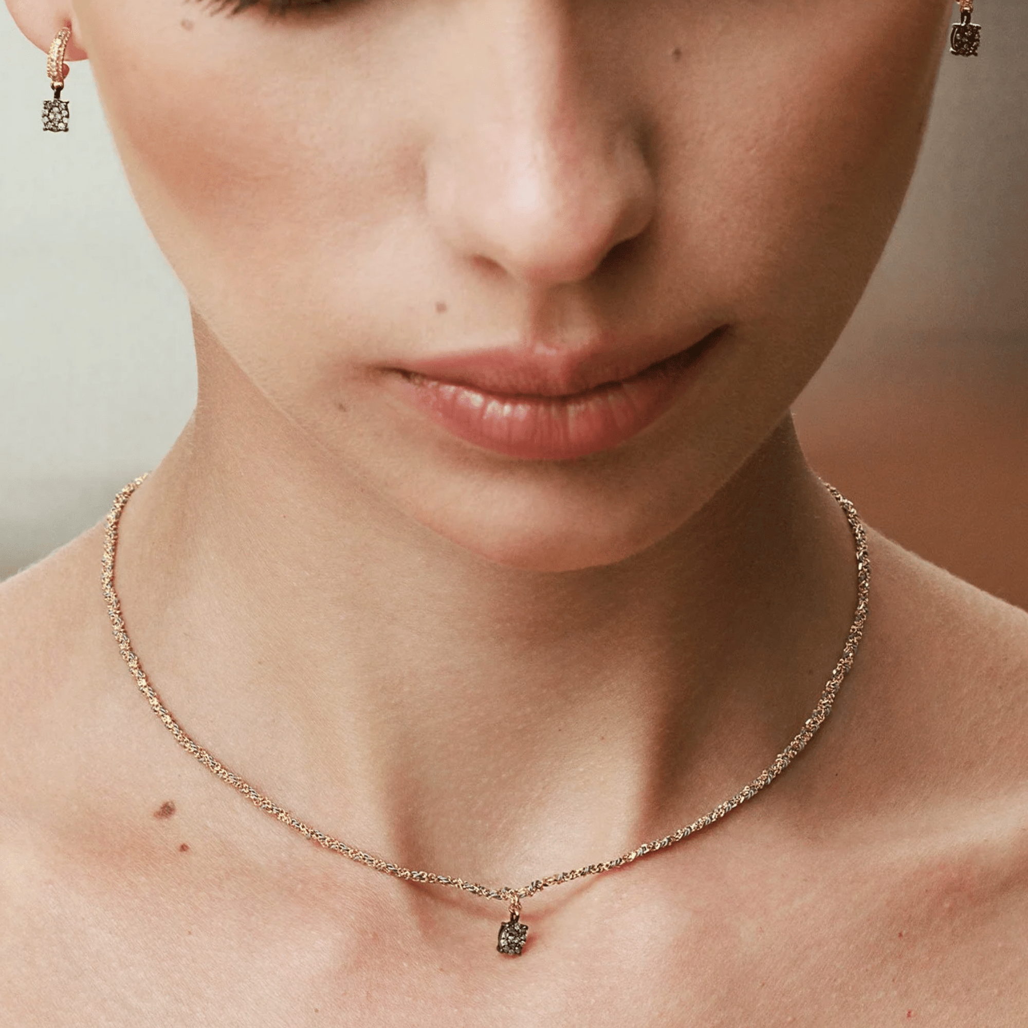 Vermeil Chain &amp; Grey Silk Yarn Hand-Braided Necklace with Fixed Oval Oxidized Sterling Silver &amp; Pave Diamond Charm - Peridot Fine Jewelry - Marie Laure Chamorel