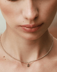Vermeil Chain & Grey Silk Yarn Hand-Braided Necklace with Fixed Oval Oxidized Sterling Silver & Pave Diamond Charm - Peridot Fine Jewelry - Marie Laure Chamorel
