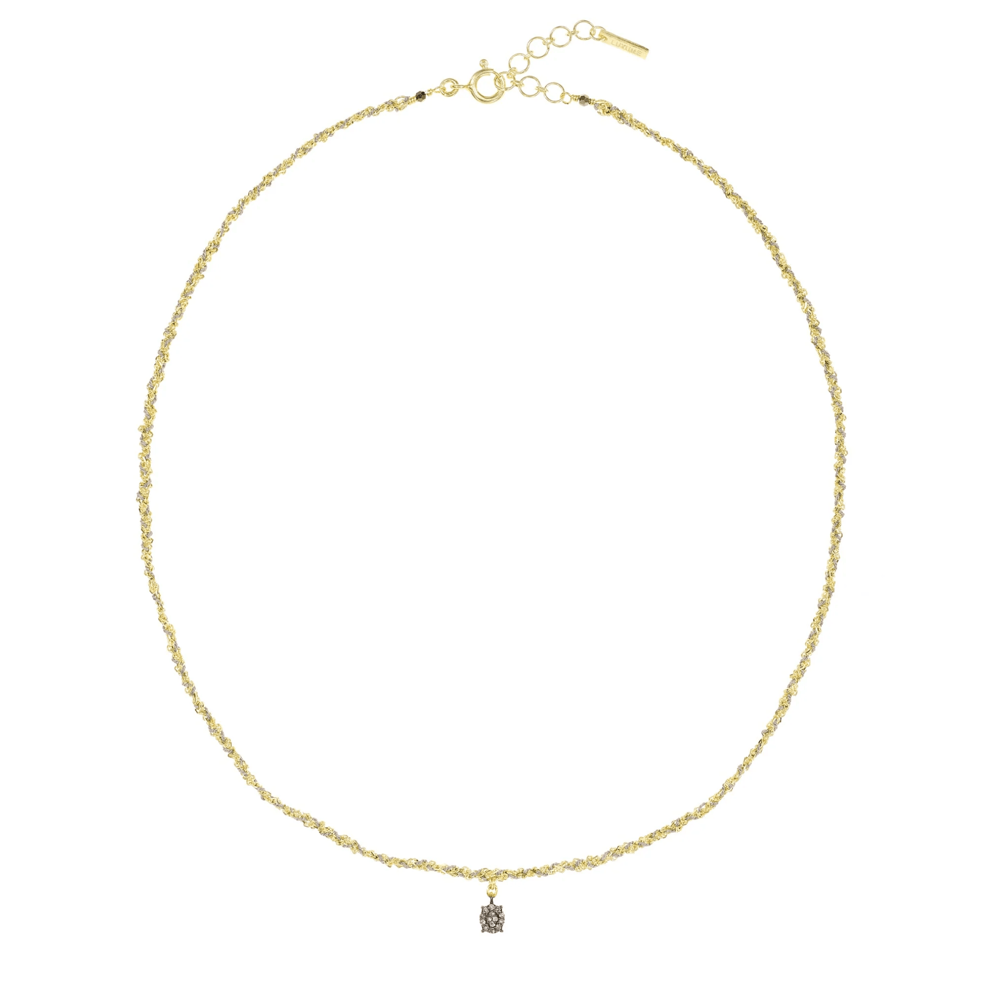 Vermeil Chain &amp; Grey Silk Yarn Hand-Braided Necklace with Fixed Oval Oxidized Sterling Silver &amp; Pave Diamond Charm - Peridot Fine Jewelry - Marie Laure Chamorel