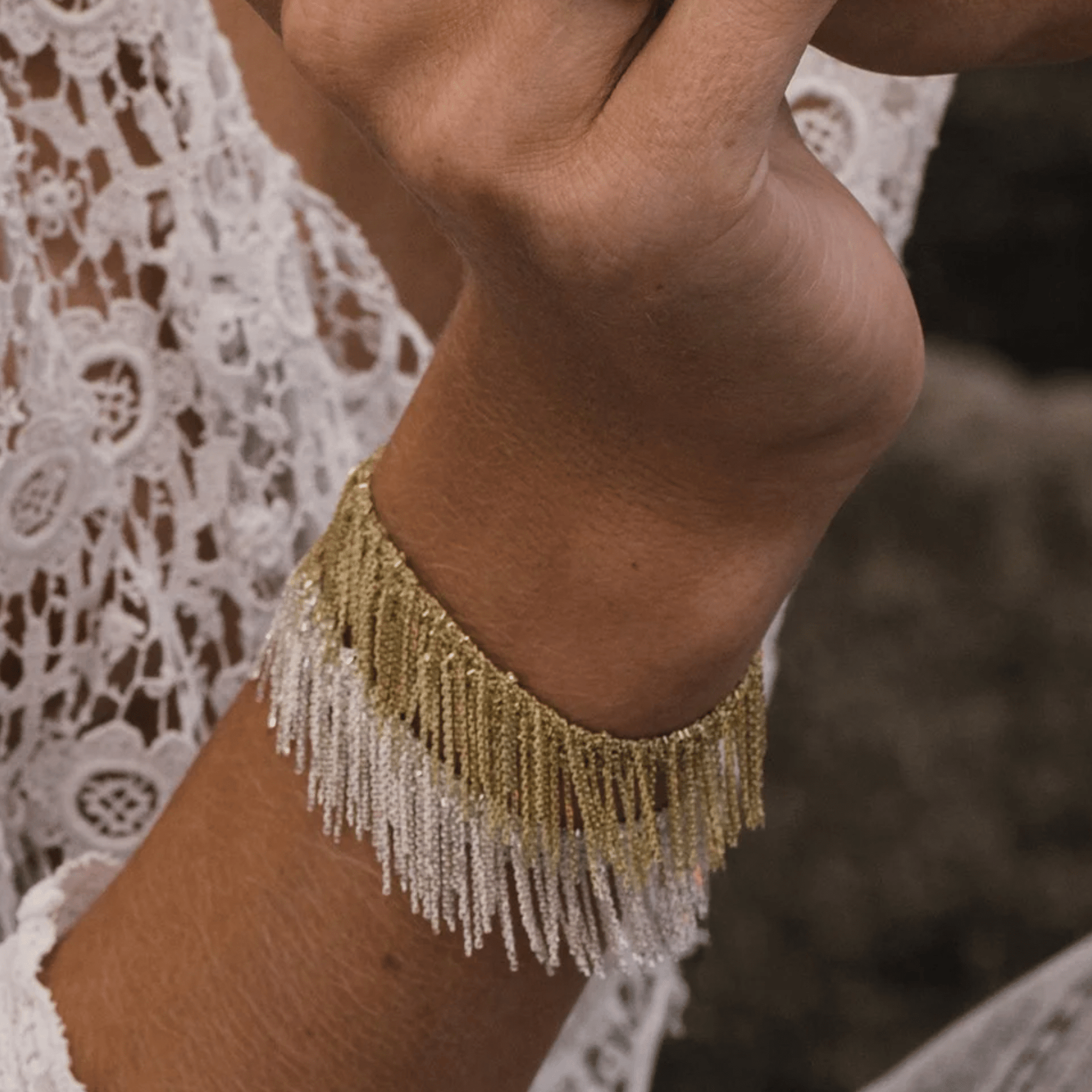 Vermeil Chain &amp; Grey Silk Yarn Woven "Fringe" Bracelet - Peridot Fine Jewelry - Marie Laure Chamorel